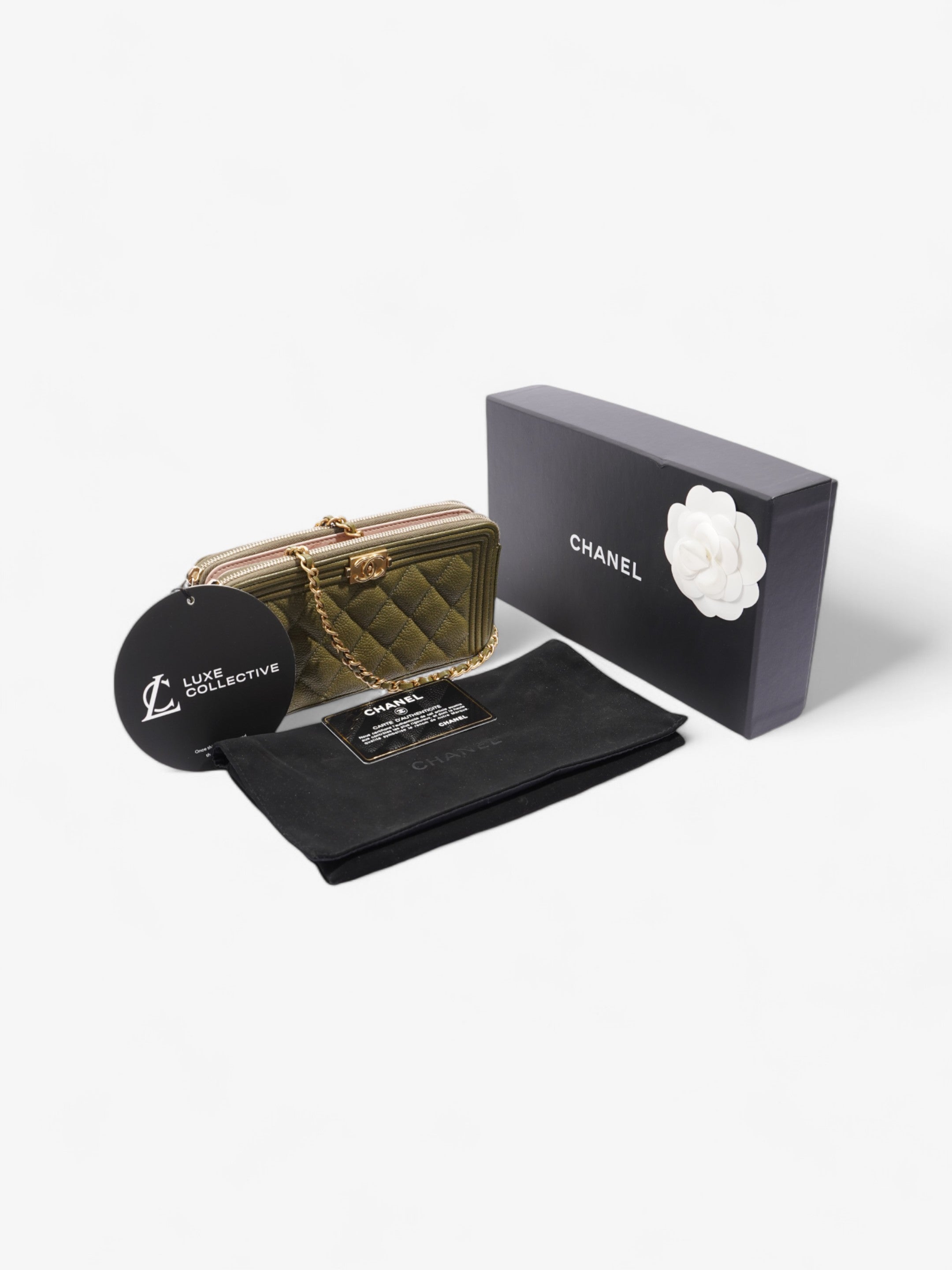 Chanel Double Zip Clutch On Chain Khaki Caviar Leather