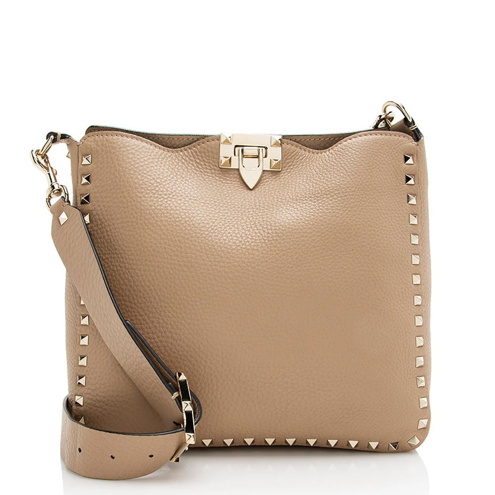VALENTINO ROCKSTUD PEBBLED CALFSKIN LEATHER SHOULDER BAG