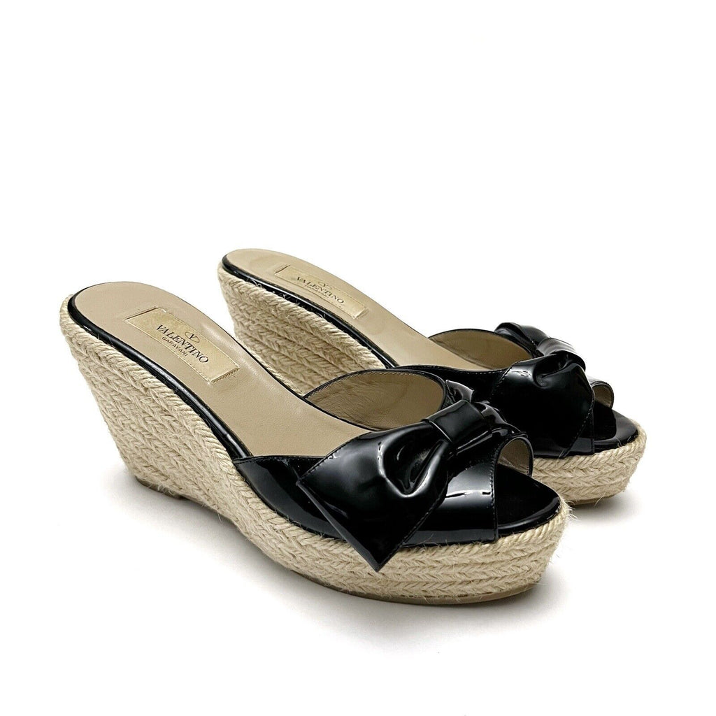VALENTINO GARAVANI PATENT LEATHER BOW WEDGE ESPADRILLE MULES