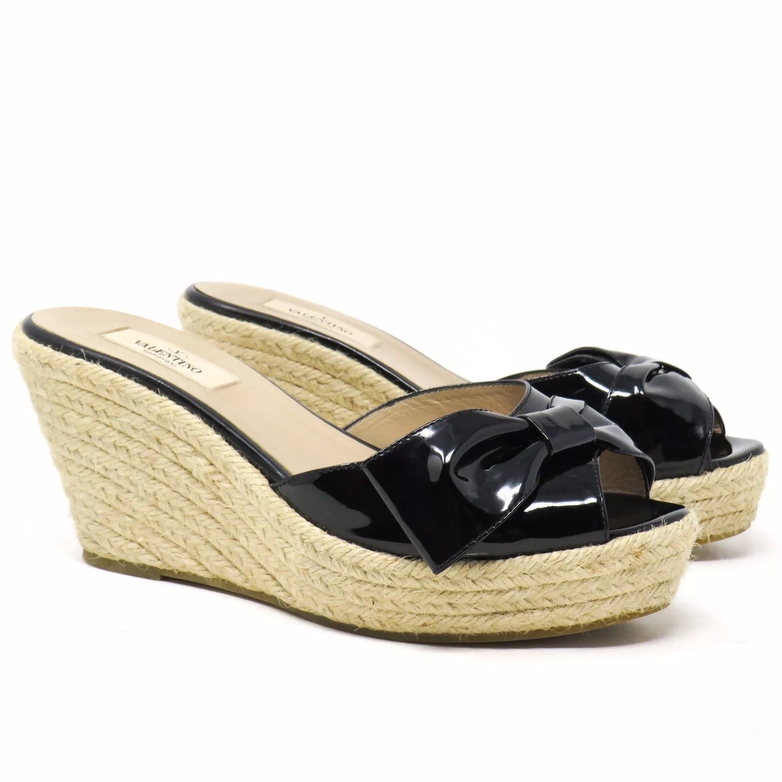 VALENTINO GARAVANI PATENT LEATHER BOW WEDGE ESPADRILLE MULES