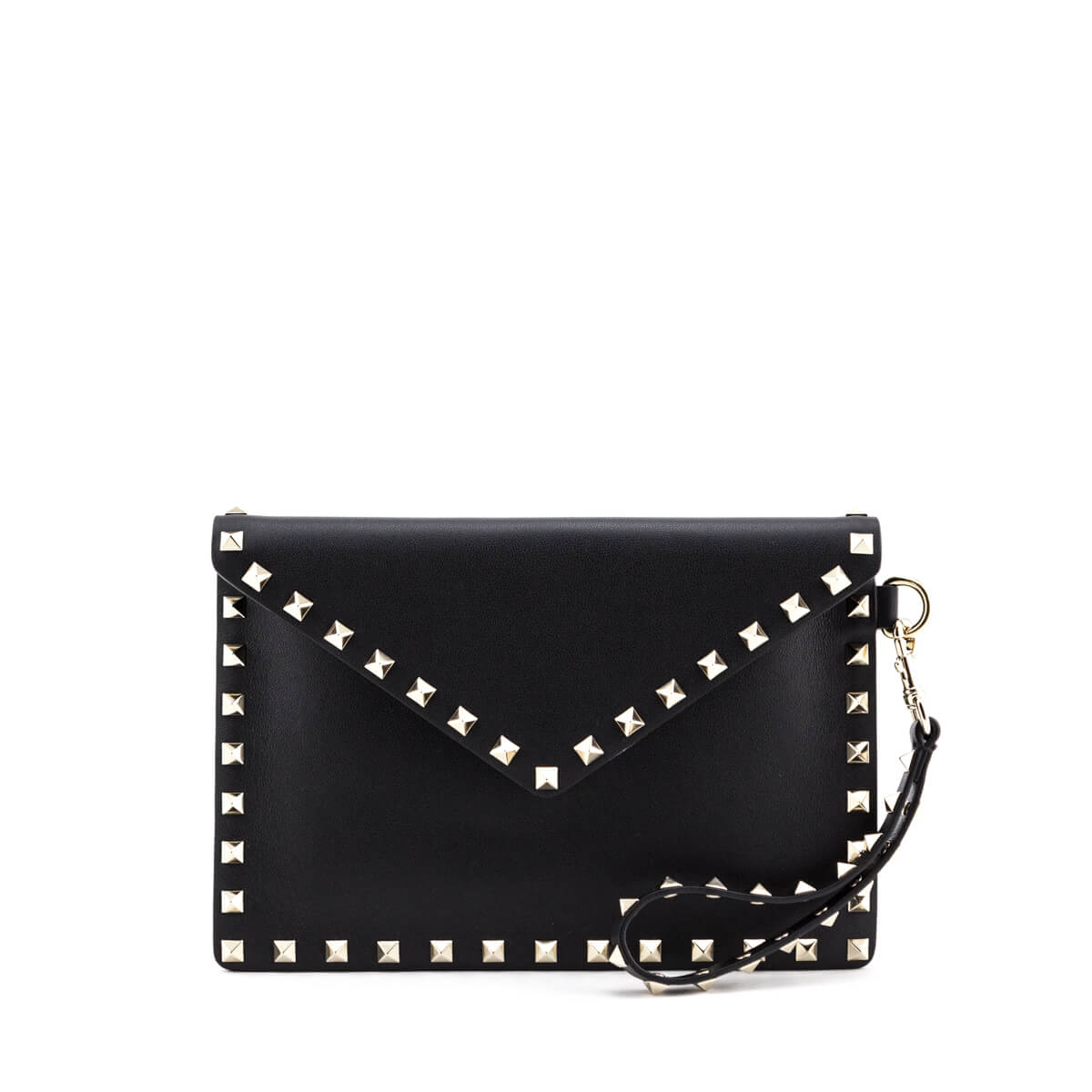 Valentino Black Smooth Calfskin Rockstud Medium Flat Pouch Wristlet