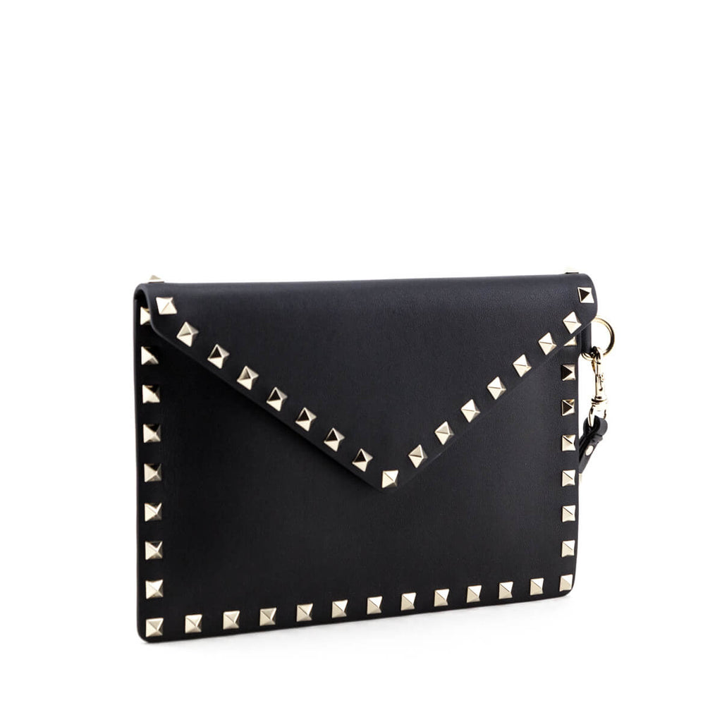 Valentino Black Smooth Calfskin Rockstud Medium Flat Pouch Wristlet