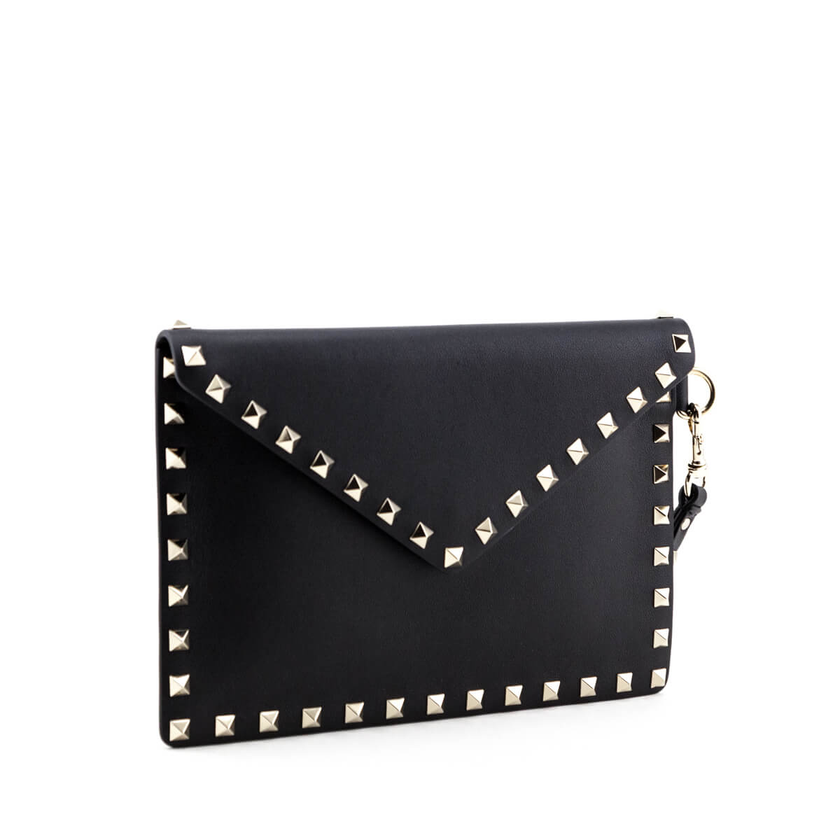 Valentino Black Smooth Calfskin Rockstud Medium Flat Pouch Wristlet