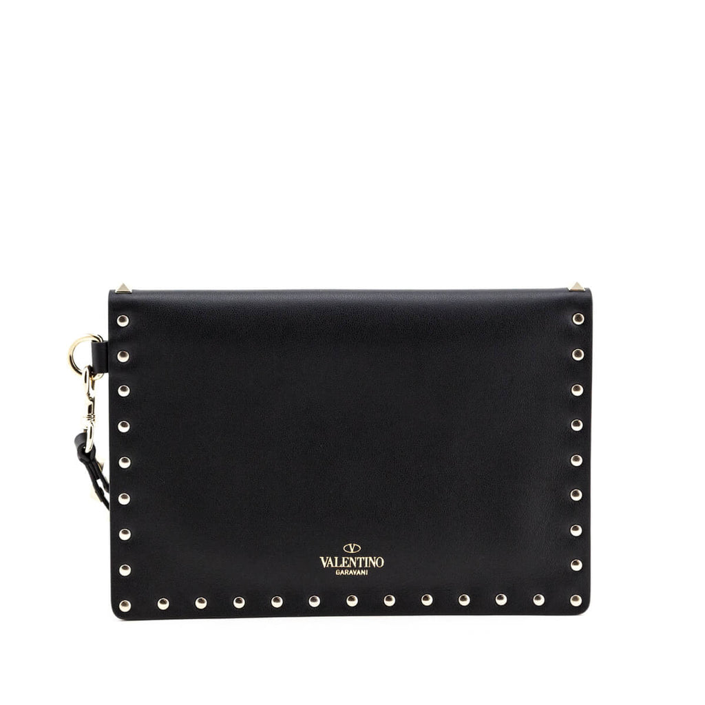 Valentino Black Smooth Calfskin Rockstud Medium Flat Pouch Wristlet