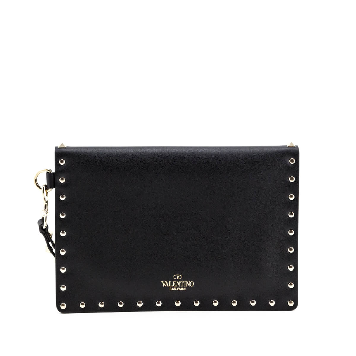 Valentino Black Smooth Calfskin Rockstud Medium Flat Pouch Wristlet