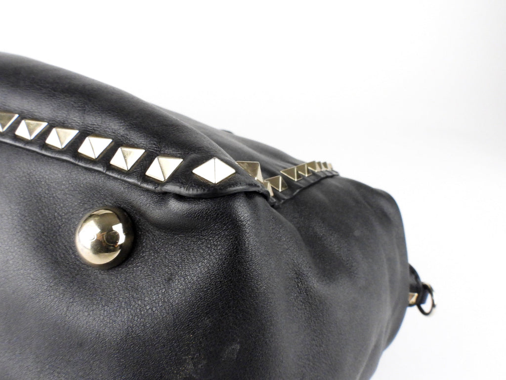 Valentino Garavani Black Leather Rockstud Medium Trapeze Tote Bag