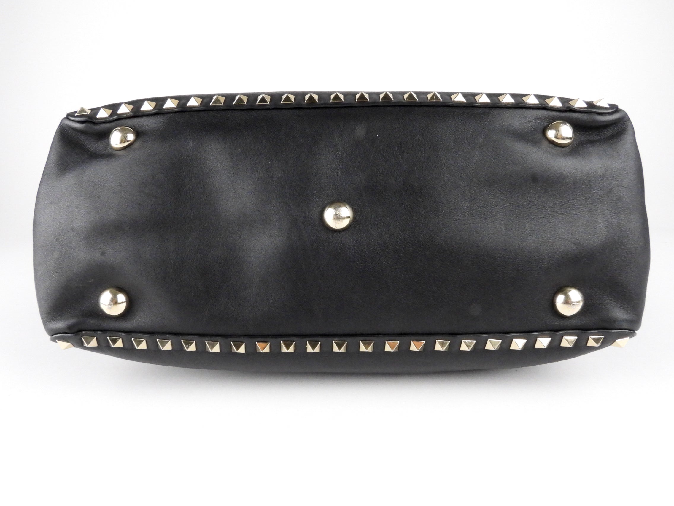 Valentino Garavani Black Leather Rockstud Medium Trapeze Tote Bag