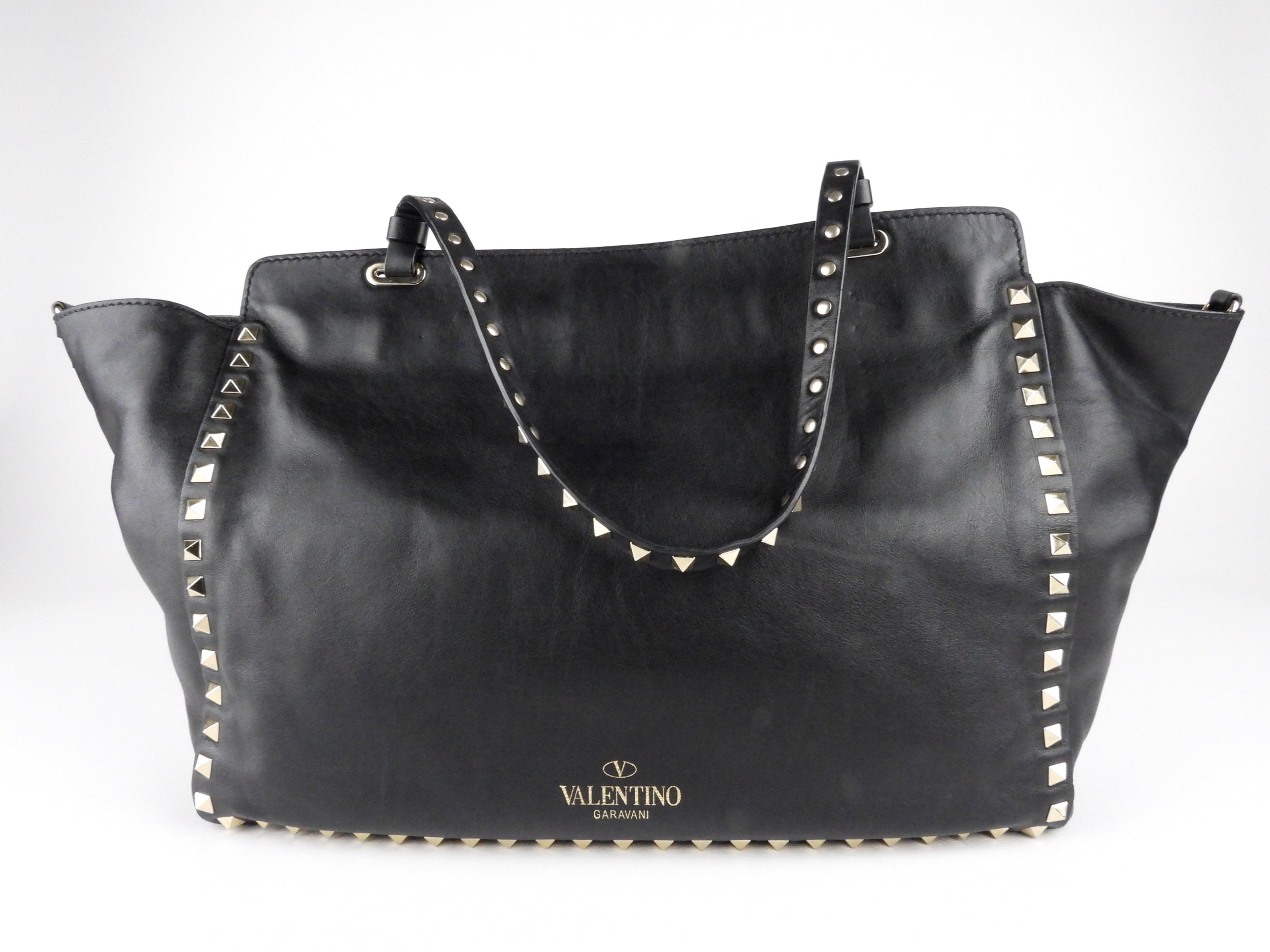 Valentino Garavani Black Leather Rockstud Medium Trapeze Tote Bag