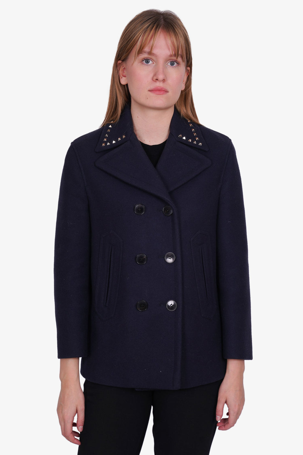 Valentino Navy Wool Rockstud Double Breast Coat Size 6