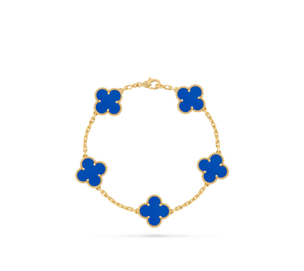 VAN CLEEF & ARPELS 18K GOLD 5 MOTIFS BLUE AGATE STONE ALHAMBRA BRACELET