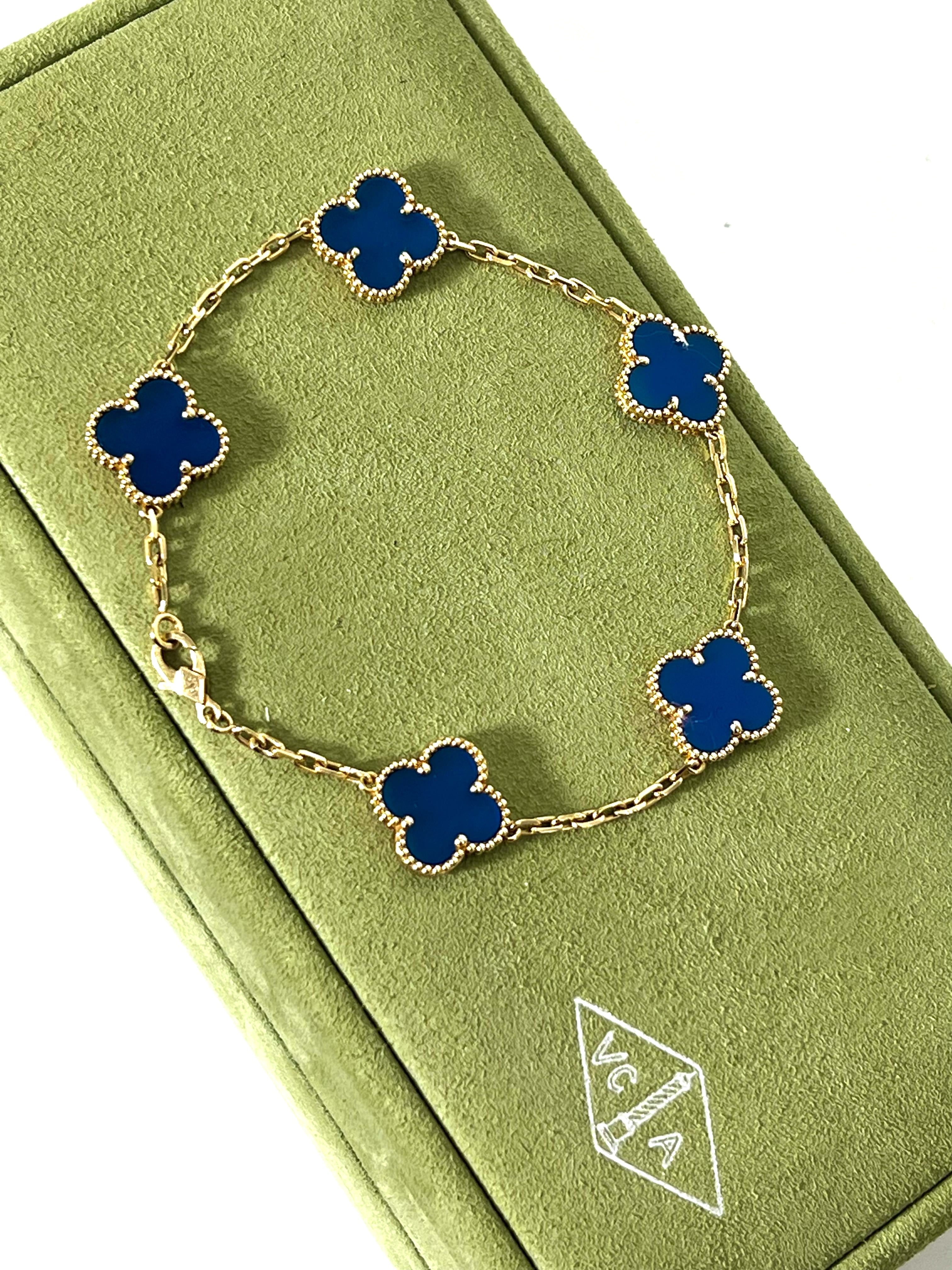 VAN CLEEF & ARPELS 18K GOLD 5 MOTIFS BLUE AGATE STONE ALHAMBRA BRACELET
