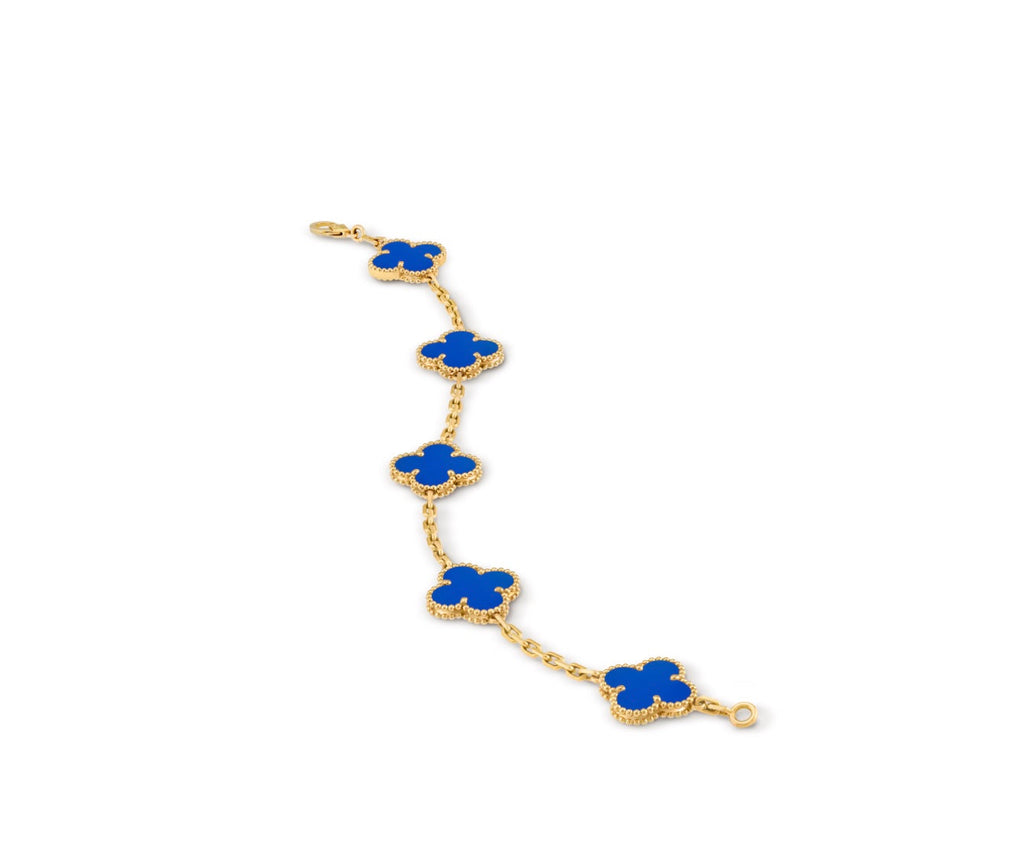 VAN CLEEF & ARPELS 18K GOLD 5 MOTIFS BLUE AGATE STONE ALHAMBRA BRACELET