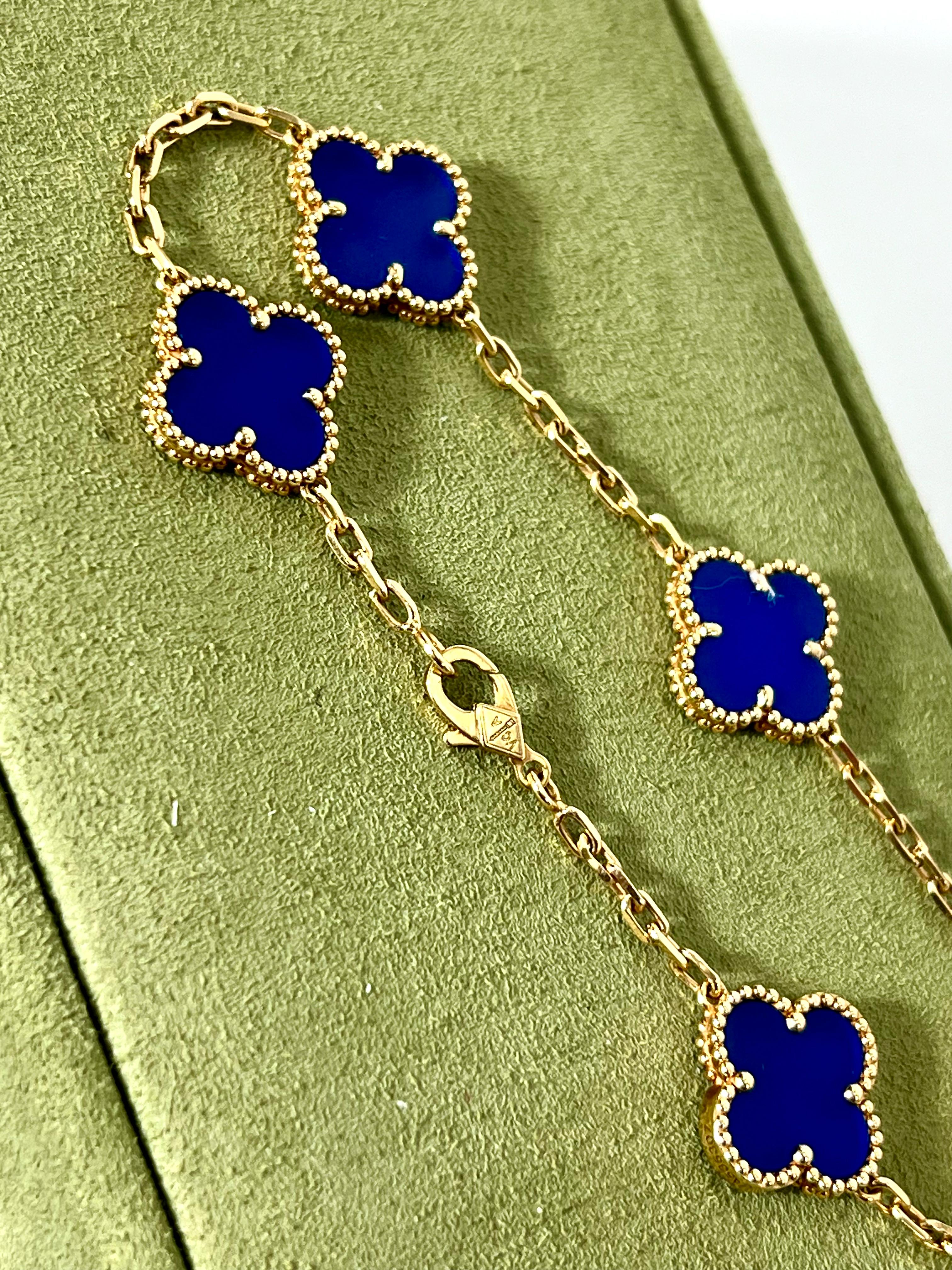 VAN CLEEF & ARPELS 18K GOLD 5 MOTIFS BLUE AGATE STONE ALHAMBRA BRACELET