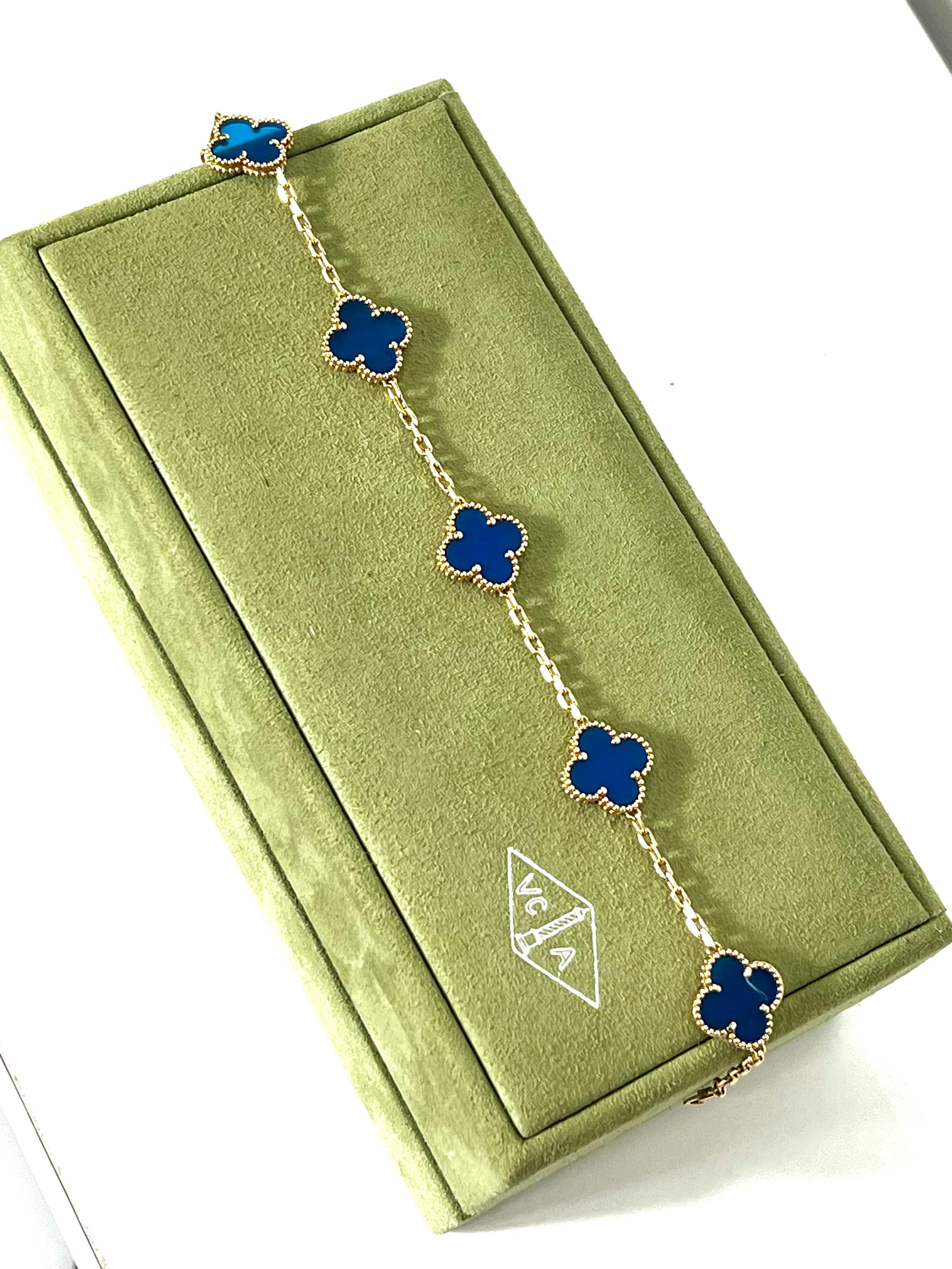 VAN CLEEF & ARPELS 18K GOLD 5 MOTIFS BLUE AGATE STONE ALHAMBRA BRACELET