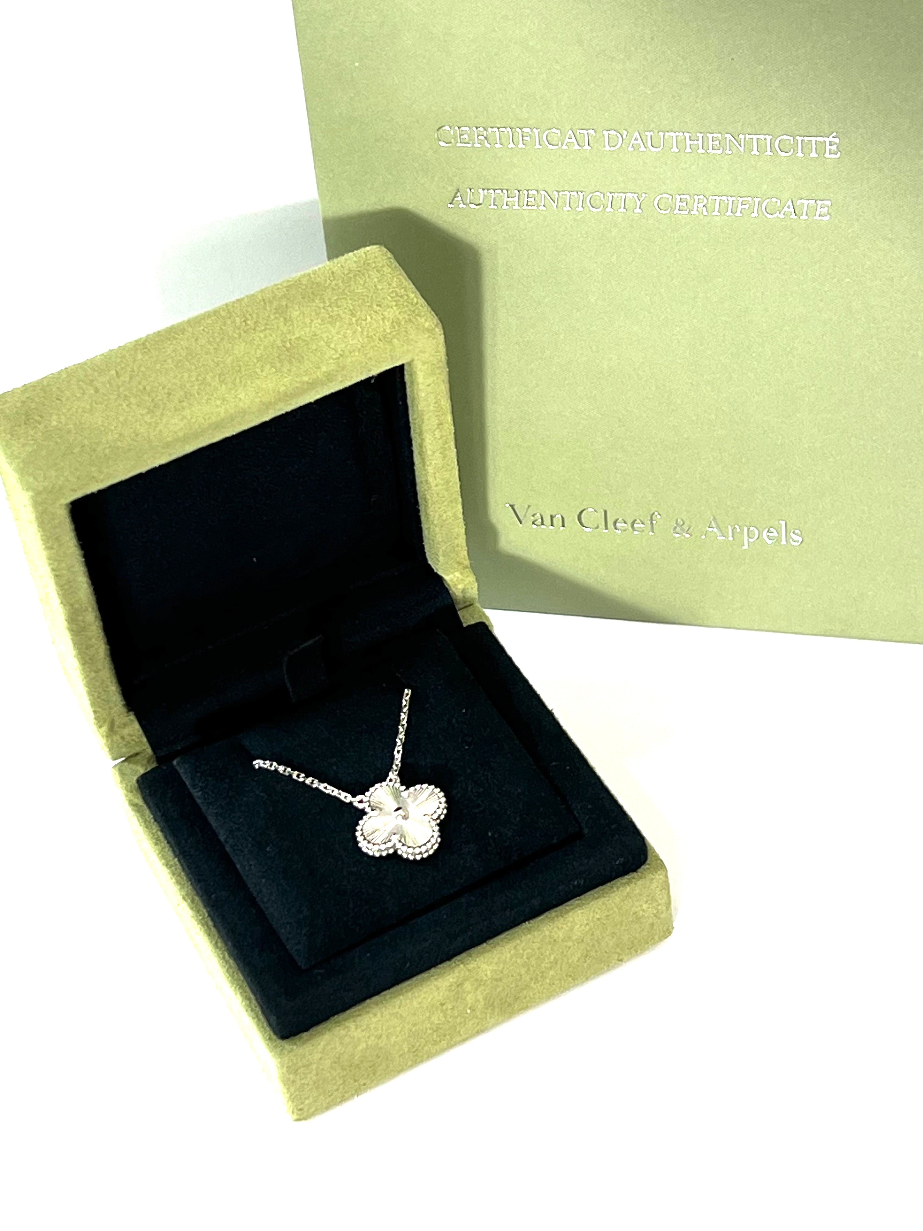 VAN CLEEF & ARPELS GUILLOCHE VINTAGE ALHAMBRA 18K WHITE GOLD NECKLACE