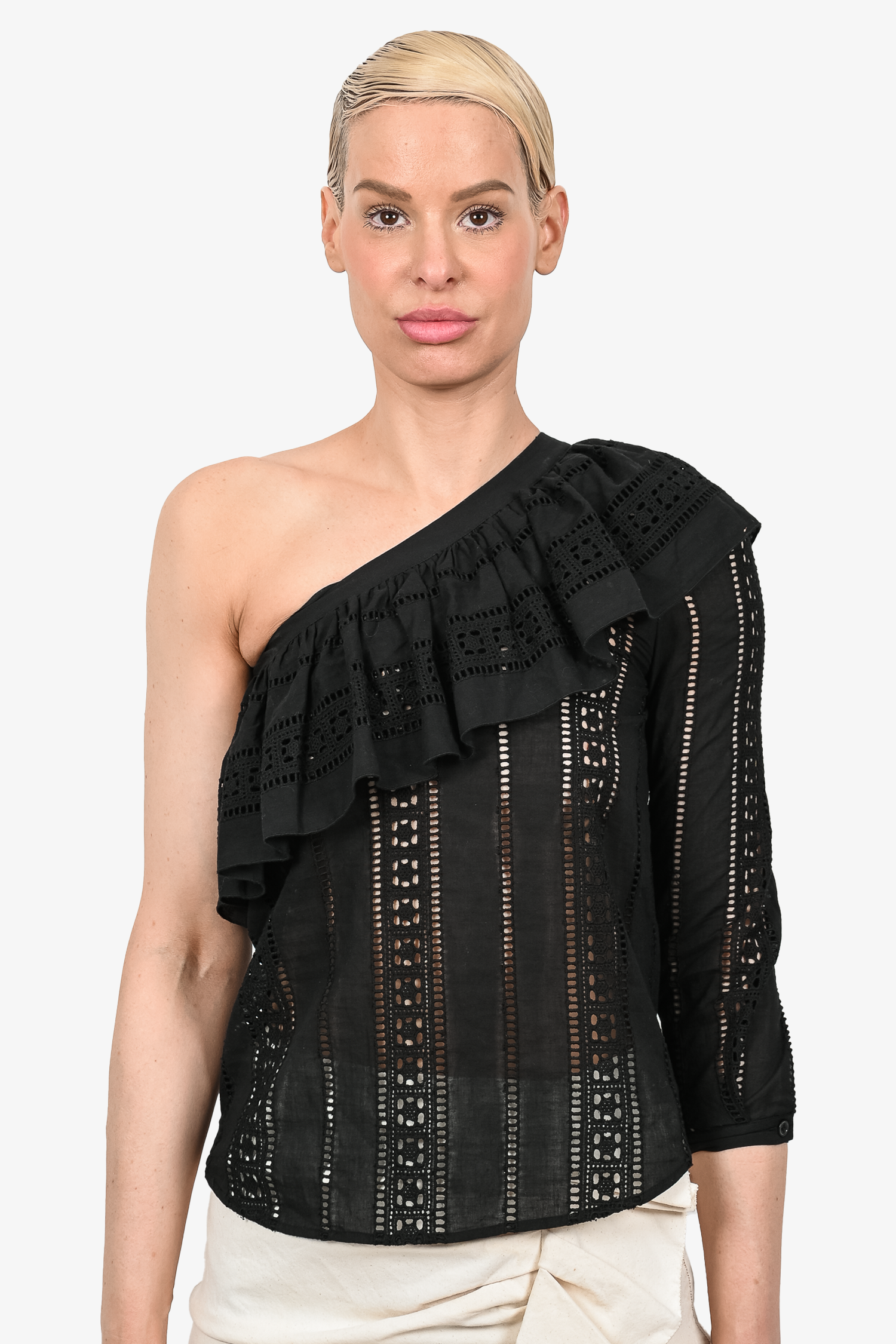 Veronica Beard Black Eyelet One Shoulder Ruffle Top size 2