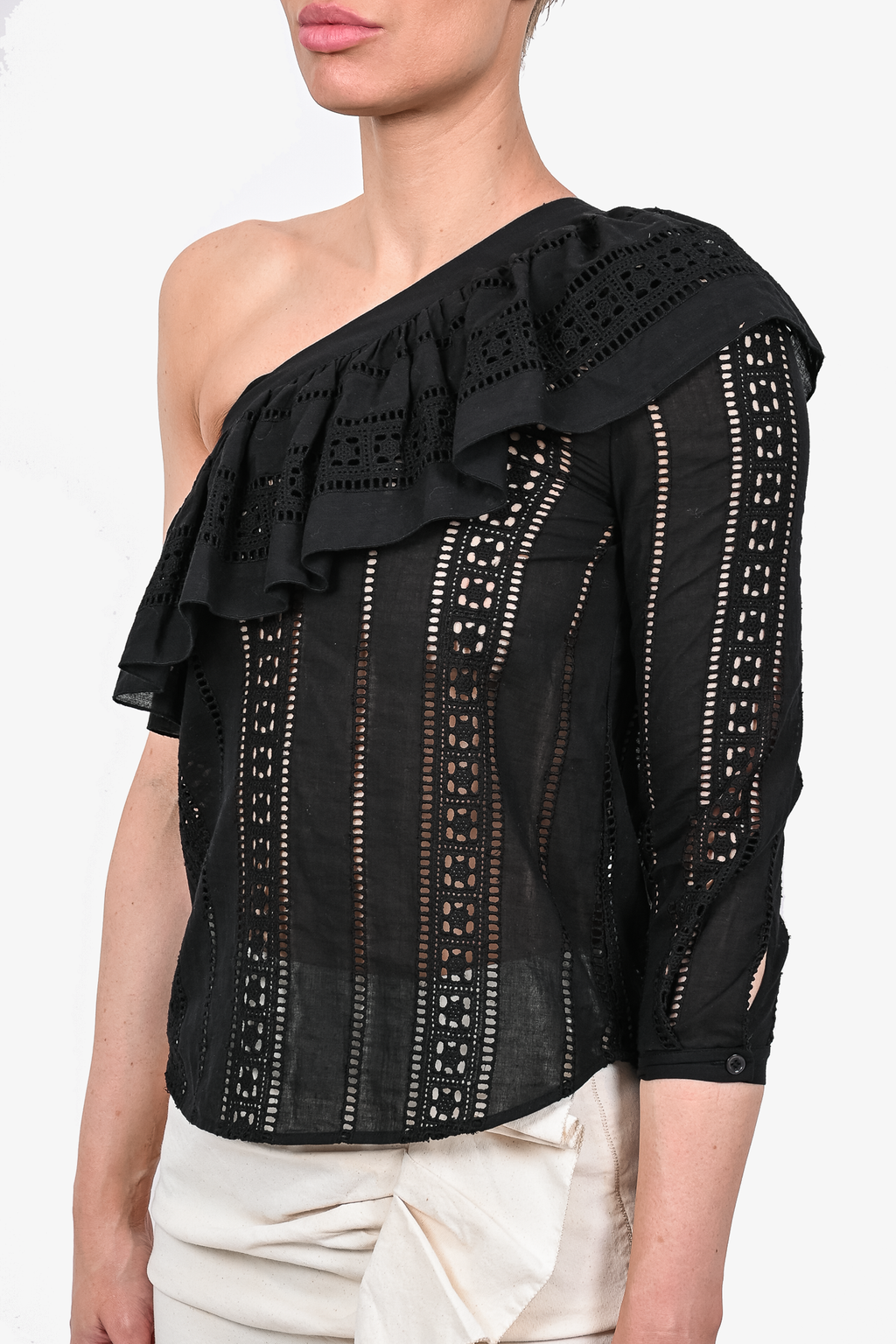 Veronica Beard Black Eyelet One Shoulder Ruffle Top size 2