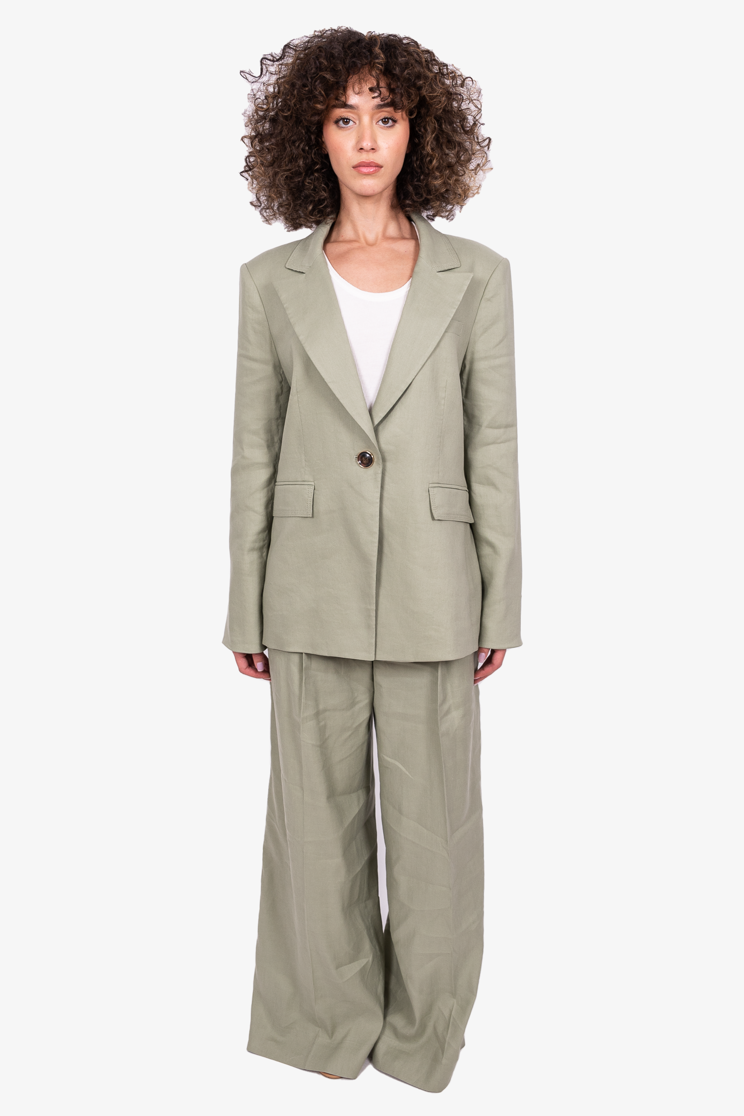 Veronica Beard Green Single Breasted Blazer + Belted Wide Leg Trousers Set Size 12