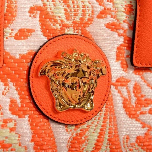VERSACE BAROCCO RAFIA & LEATHER GOLD MEDUSA MEDIUM TOTE