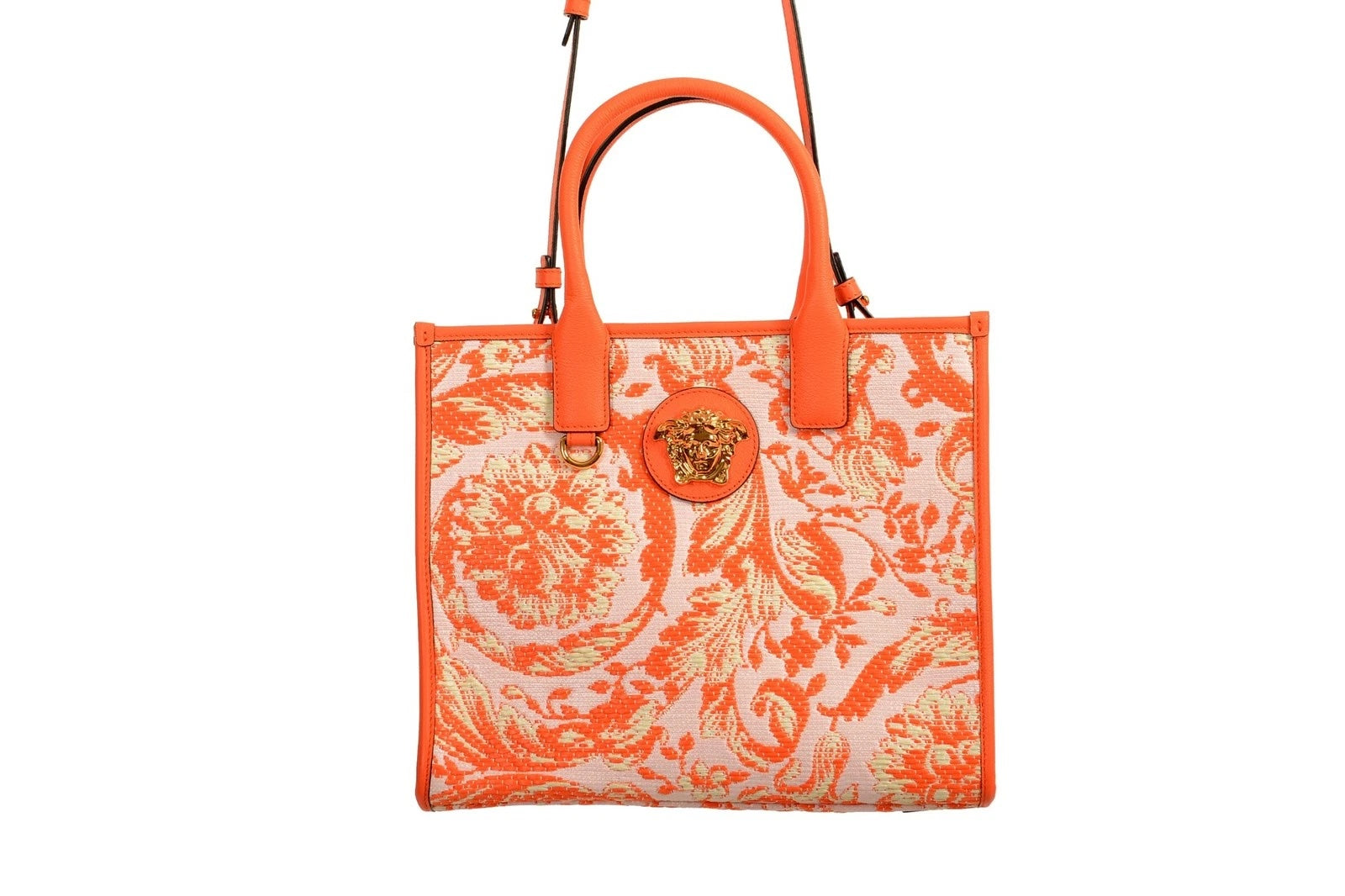 VERSACE BAROCCO RAFIA & LEATHER GOLD MEDUSA MEDIUM TOTE