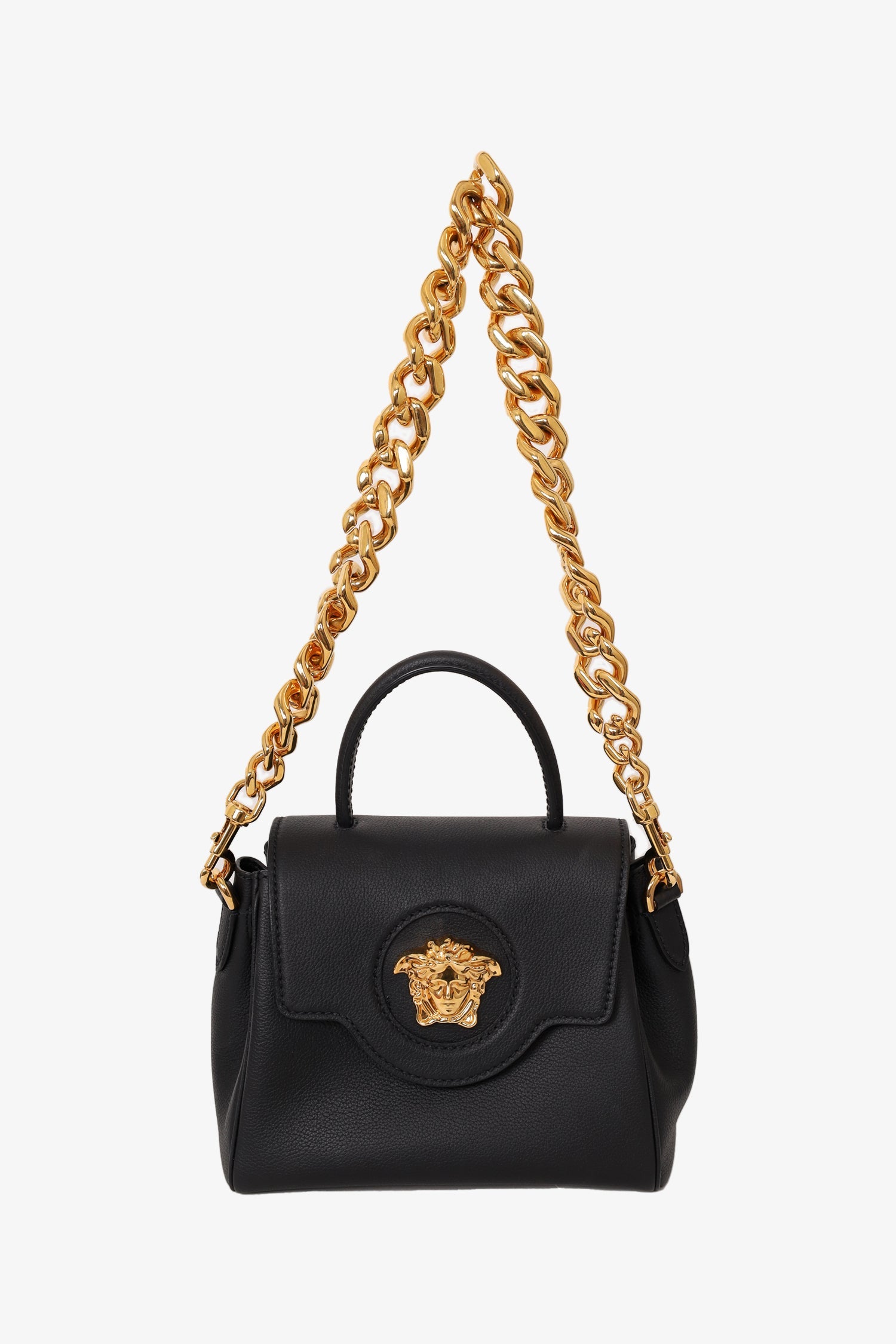 Versace Black Leather Chain-Link La Medusa Top Handle Bag with Strap