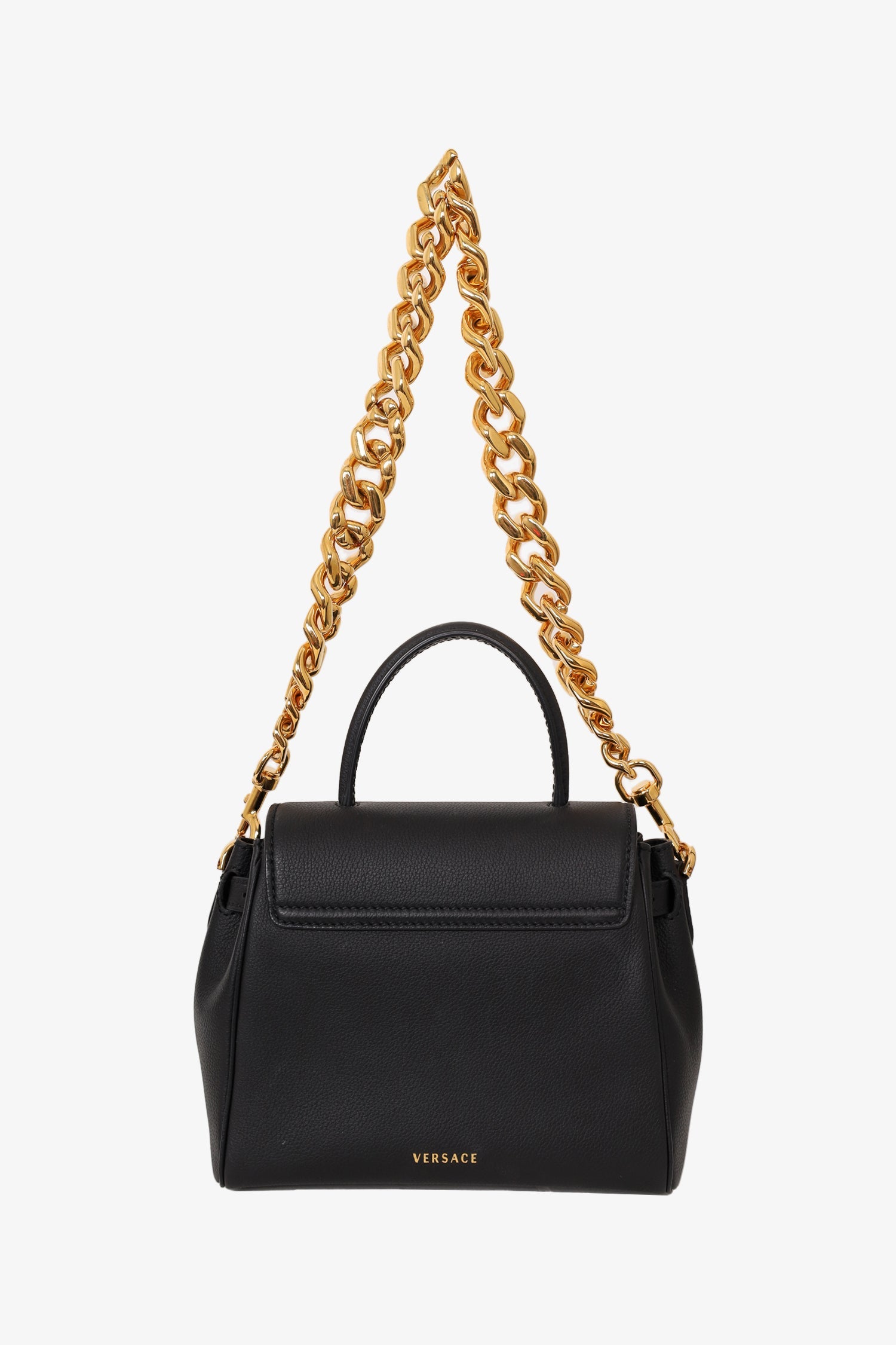 Versace Black Leather Chain-Link La Medusa Top Handle Bag with Strap