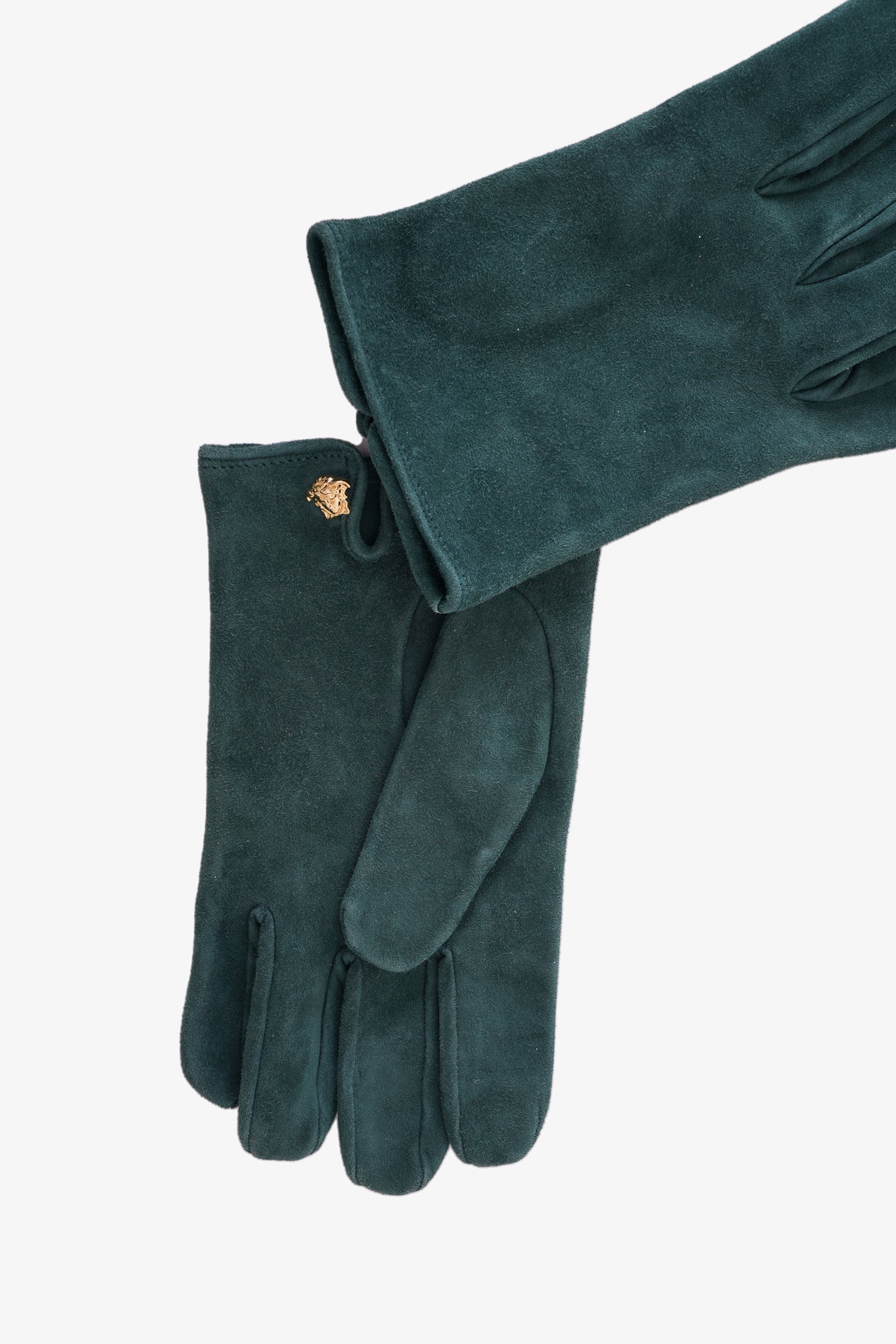 Versace Green Suede Gloves with Gold Logo Size L