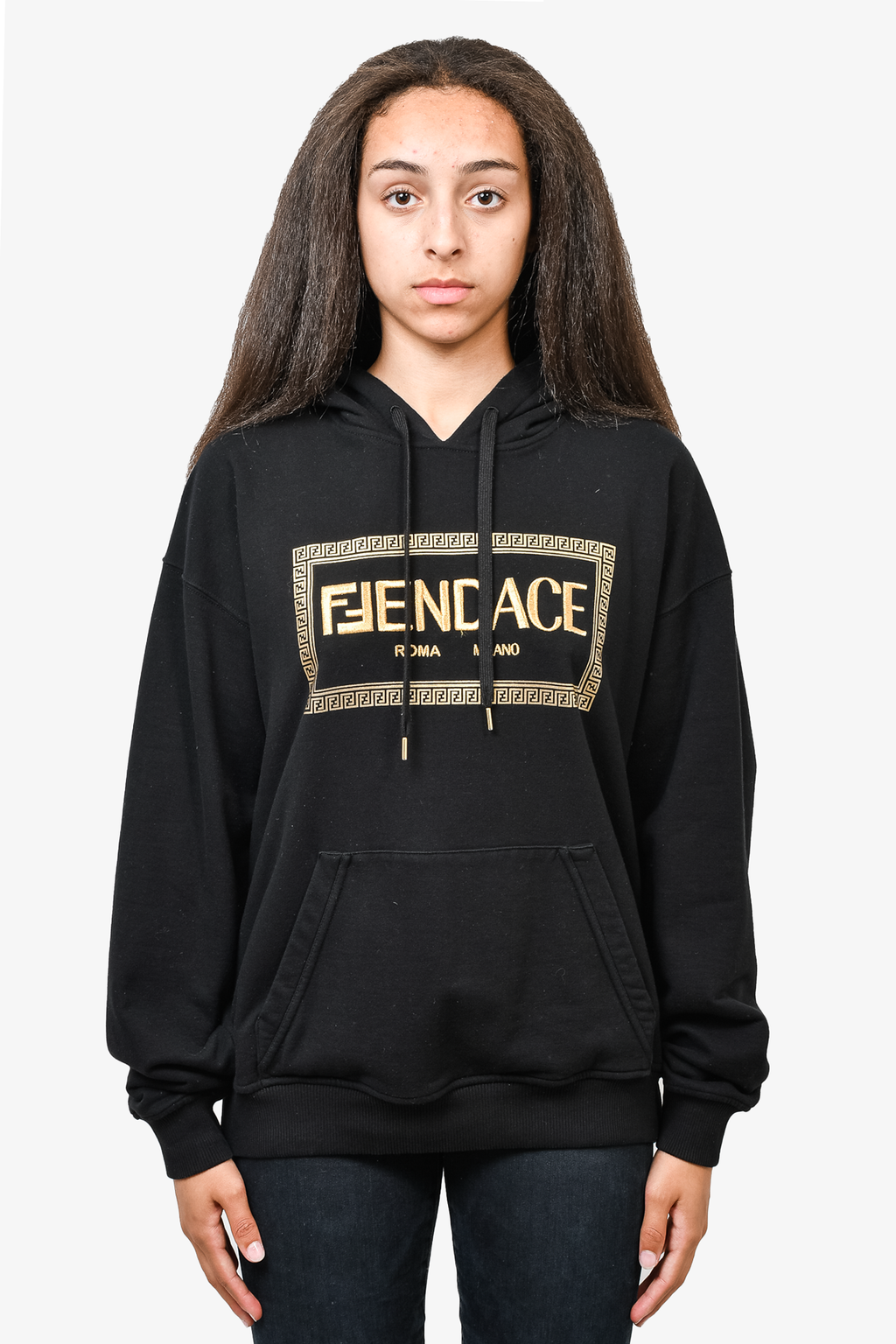 Versace x Fendi Black Cotton "Fendace" Hoodie with Gold Embroidery Size M