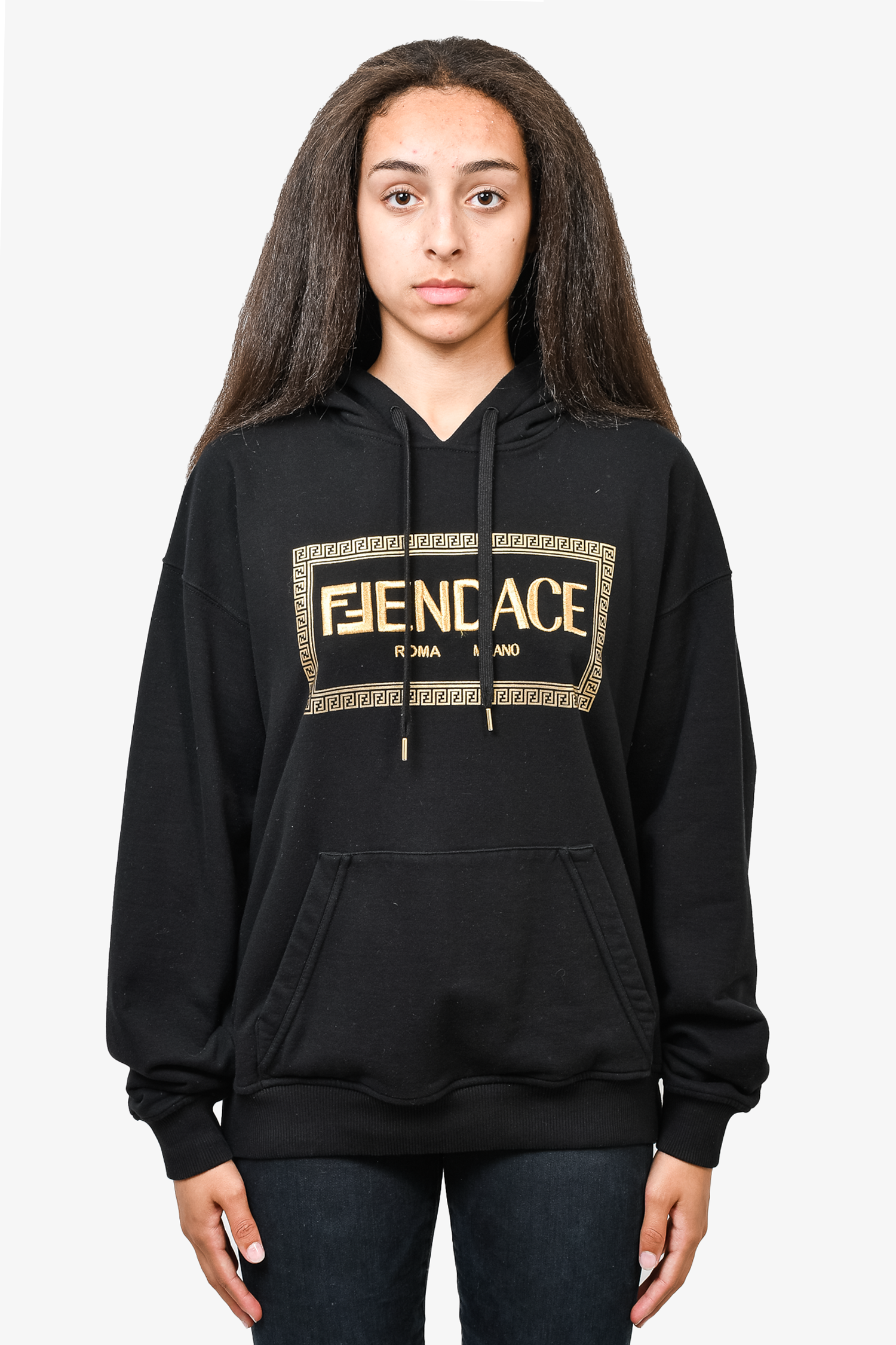 Versace x Fendi Black Cotton "Fendace" Hoodie with Gold Embroidery Size M
