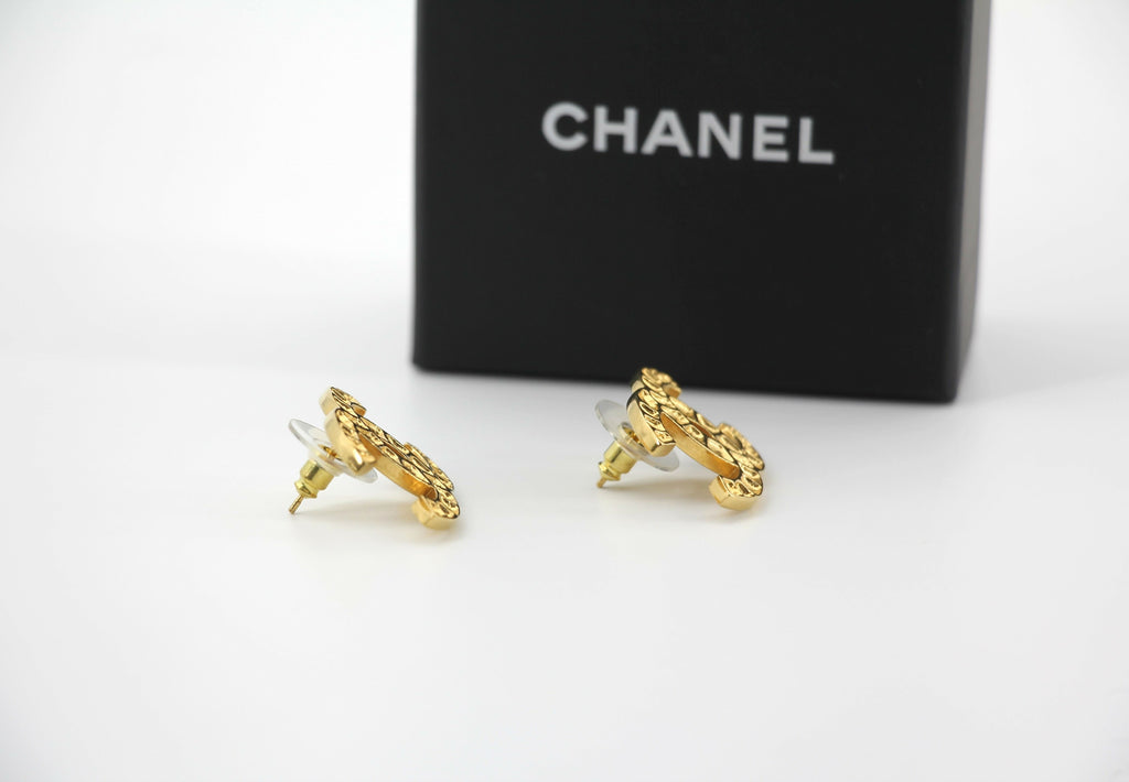 Chanel B19A Metal Square Embossed Gold CC Earrings