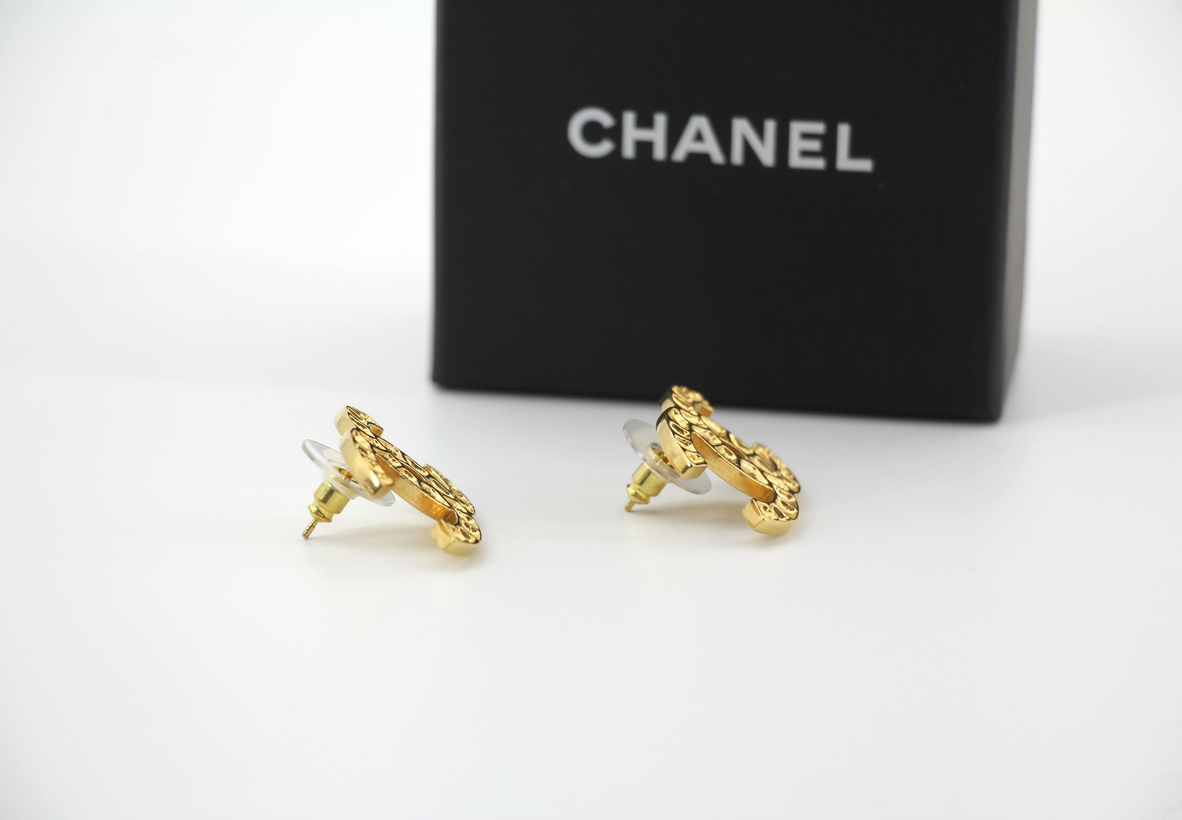 Chanel B19A Metal Square Embossed Gold CC Earrings