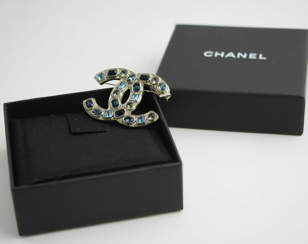 Chanel B19C Rhinestone Light Blue Deep Blue Gray Brooch