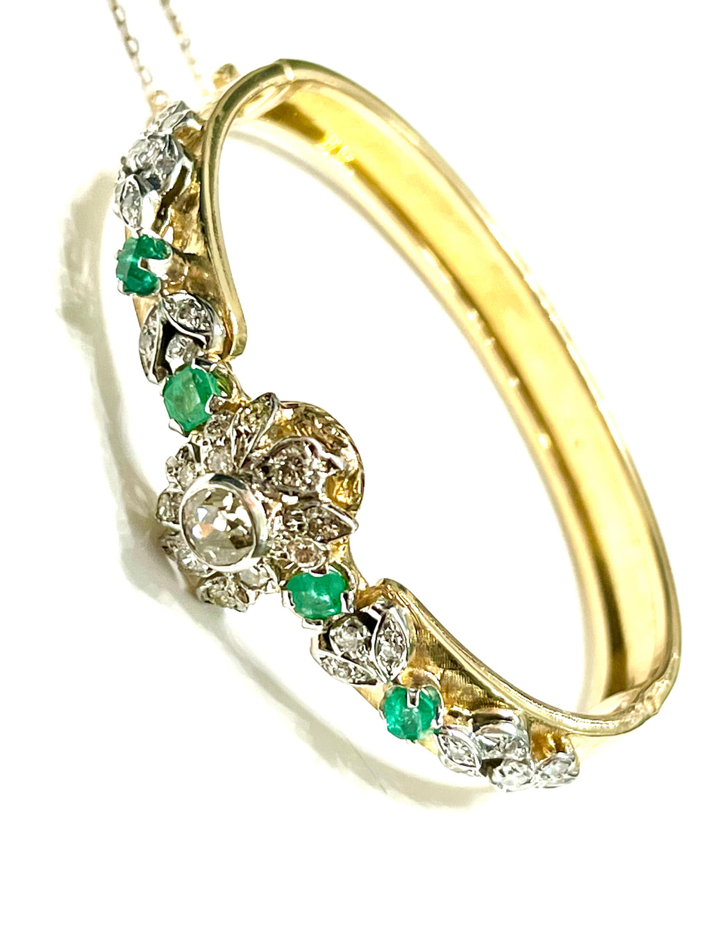 ANTIQUE VICTORIAN 14K GOLD DIAMONDS & EMERALDS BANGLE BRACELET