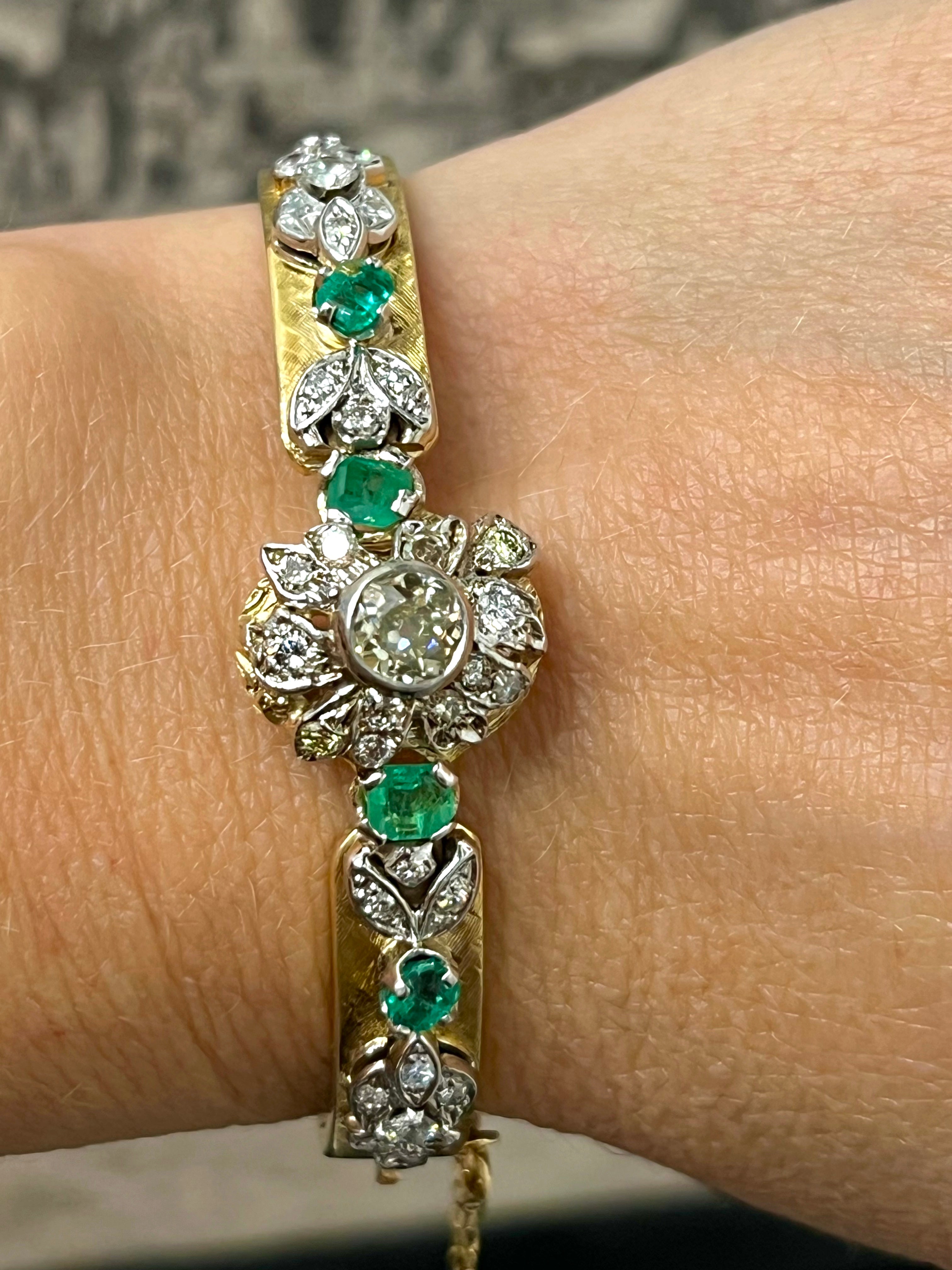 ANTIQUE VICTORIAN 14K GOLD DIAMONDS & EMERALDS BANGLE BRACELET