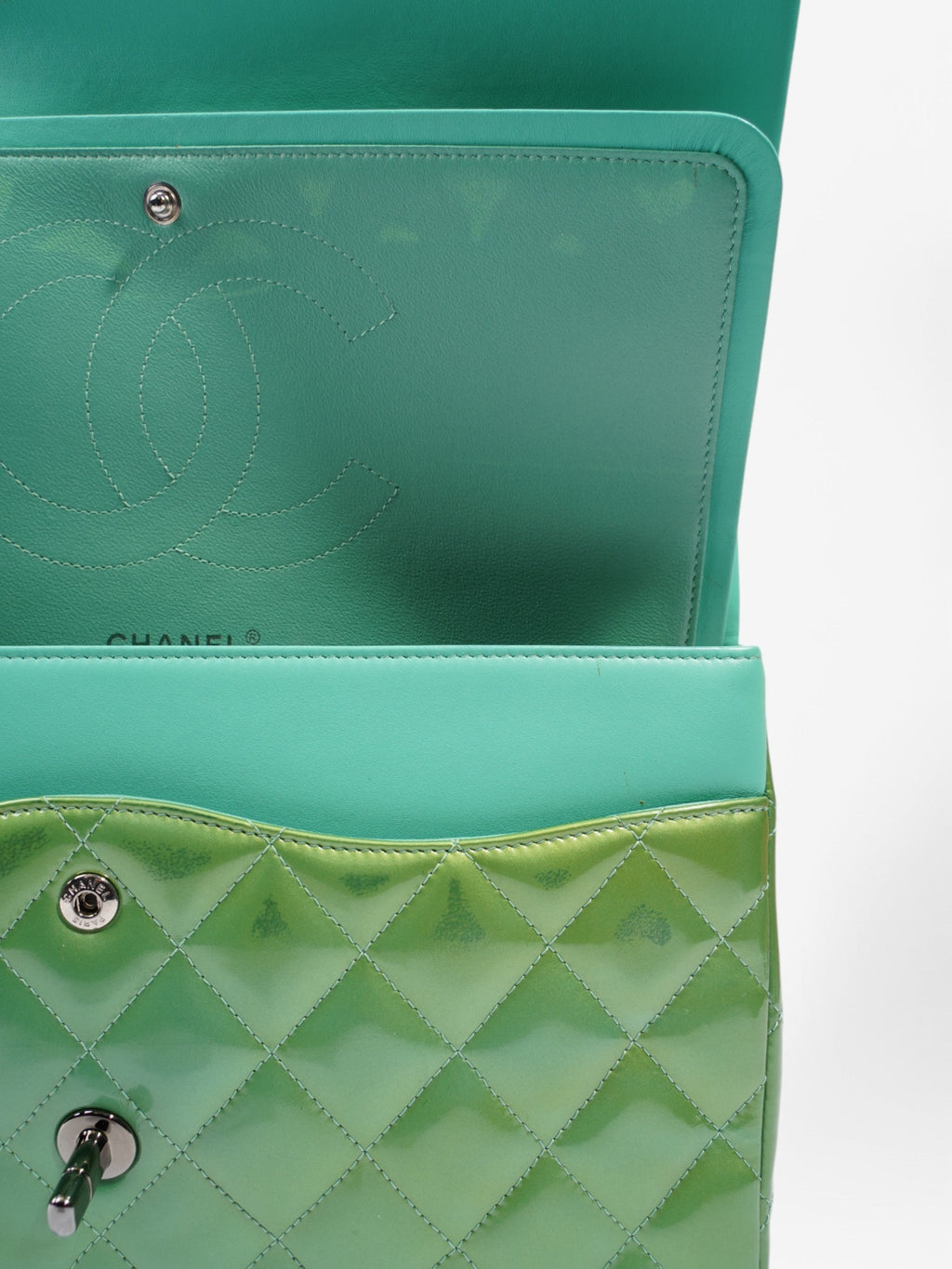Chanel Classic Flap Green Patent Leather Jumbo