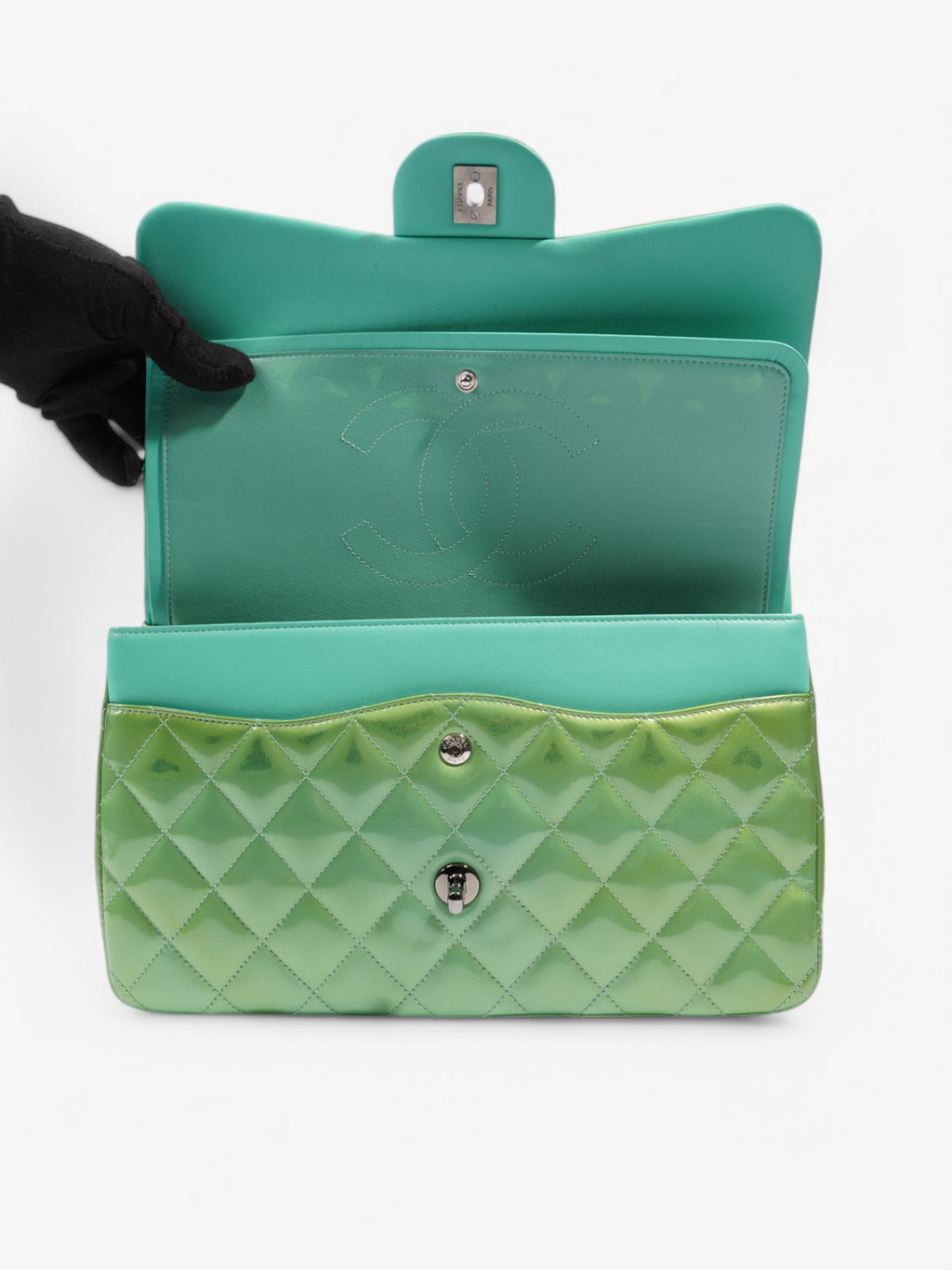 Chanel Classic Flap Green Patent Leather Jumbo
