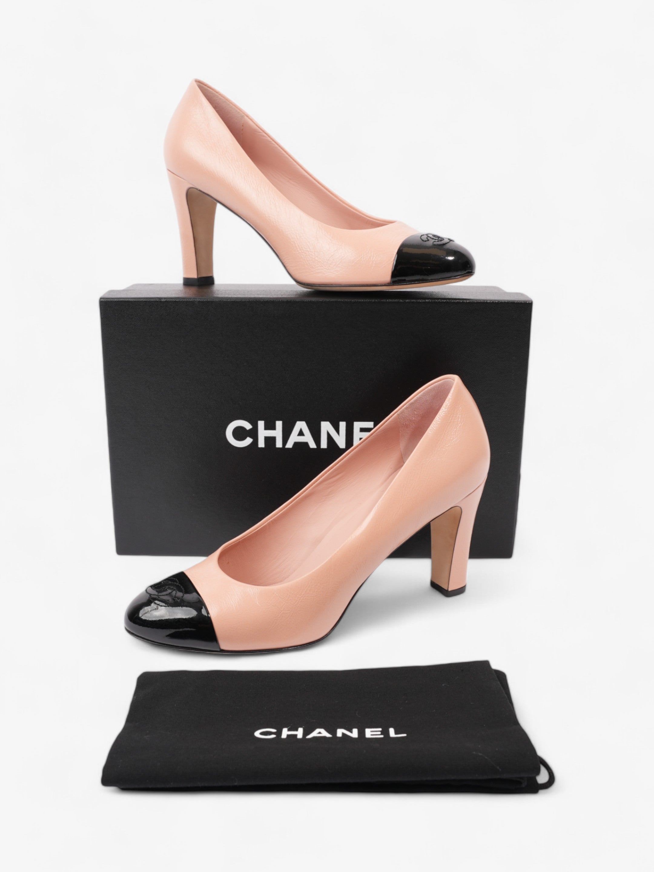 Chanel CC Two Tone Pumps 85mm Pink / Black Calfskin Leather EU 39 UK 6
