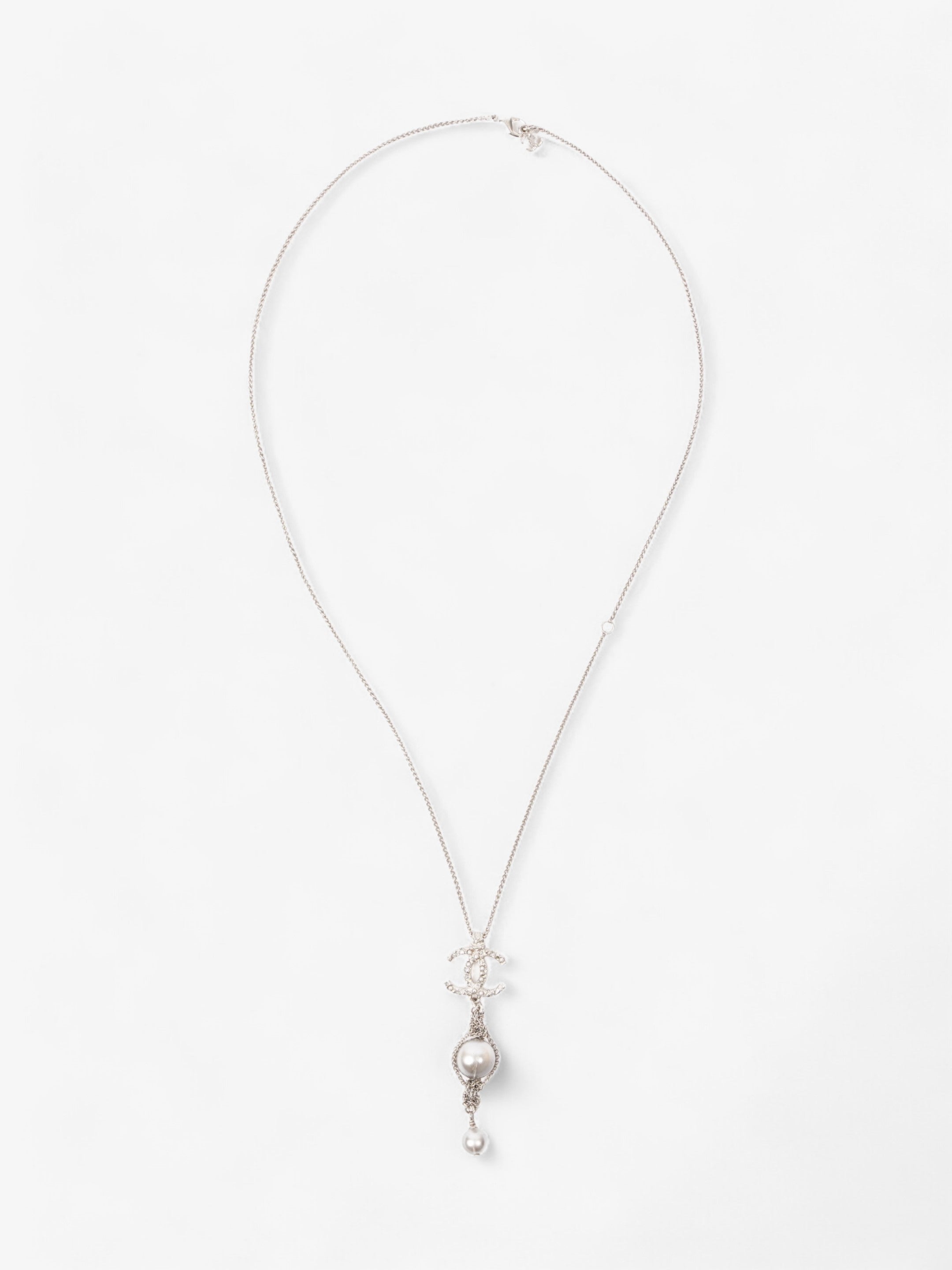 Chanel CC Pearl Drop Necklace Silver Silver Sterling
