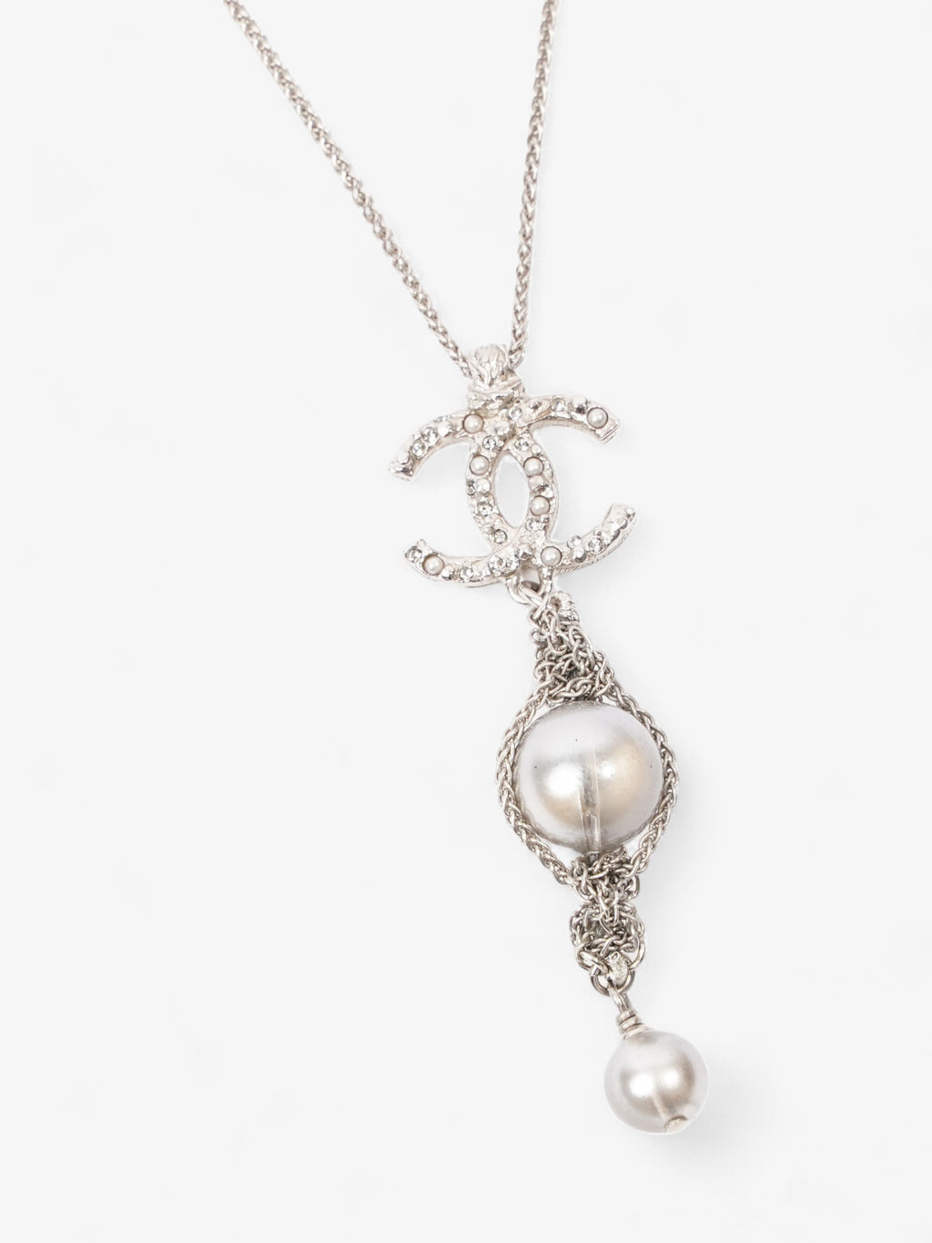 Chanel CC Pearl Drop Necklace Silver Silver Sterling