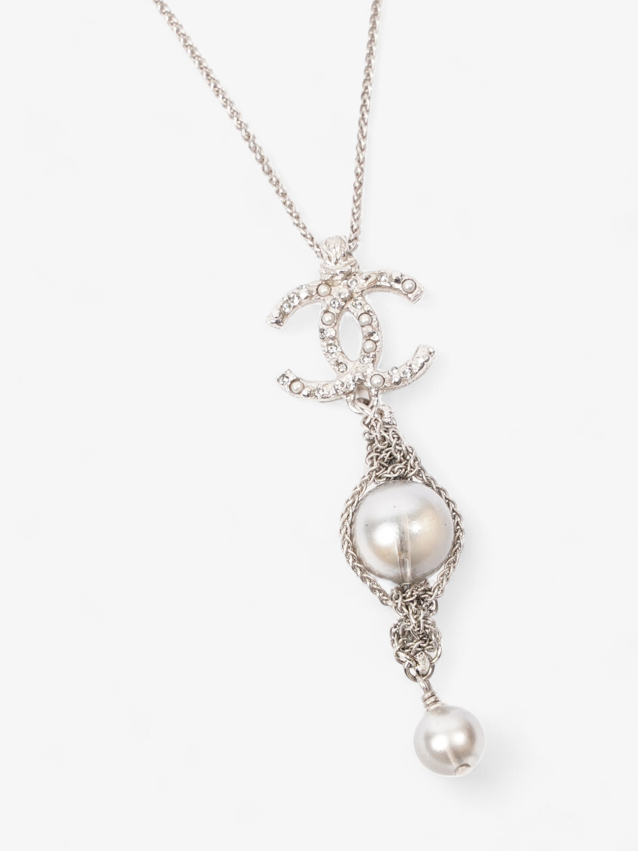Chanel CC Pearl Drop Necklace Silver Silver Sterling