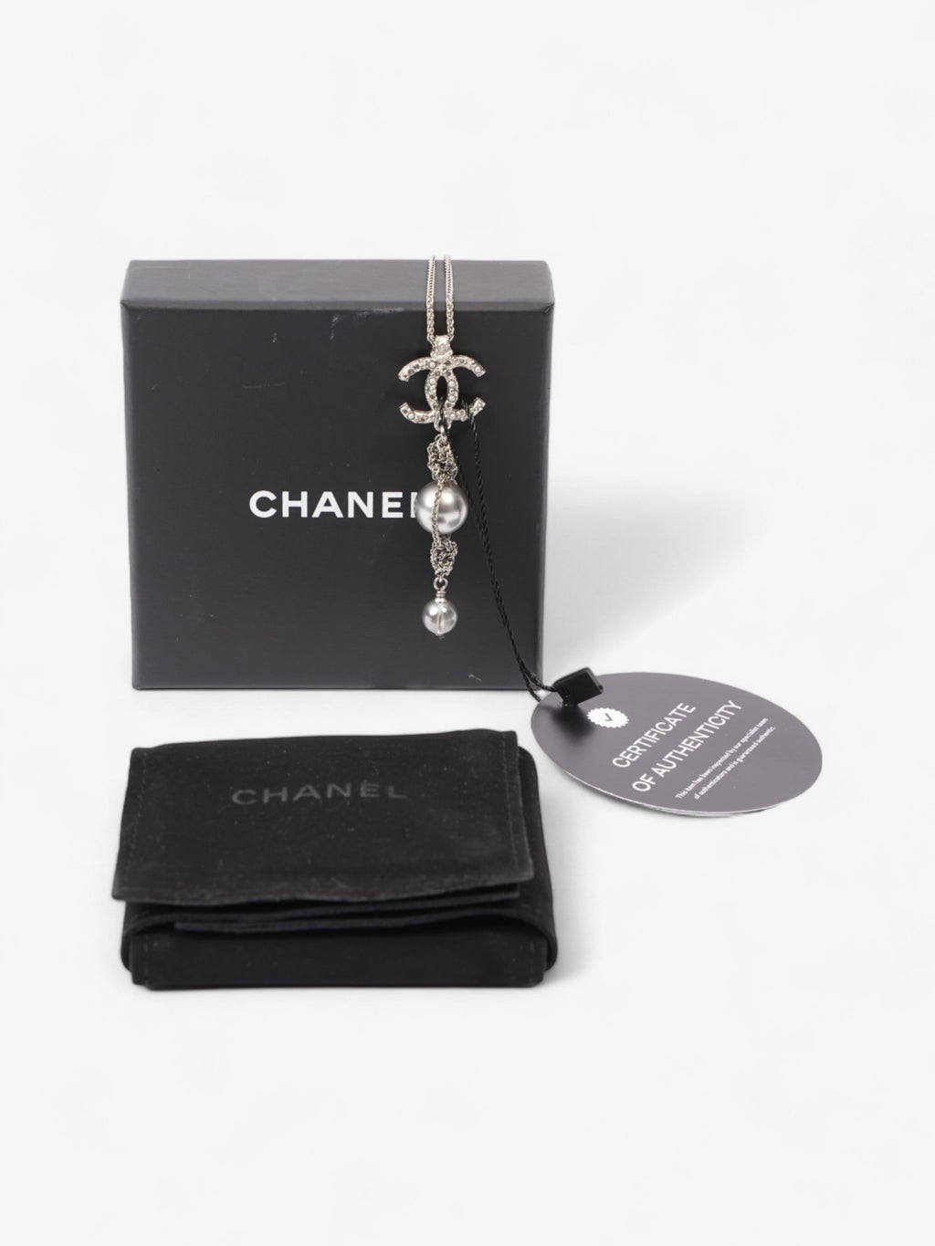Chanel CC Pearl Drop Necklace Silver Silver Sterling
