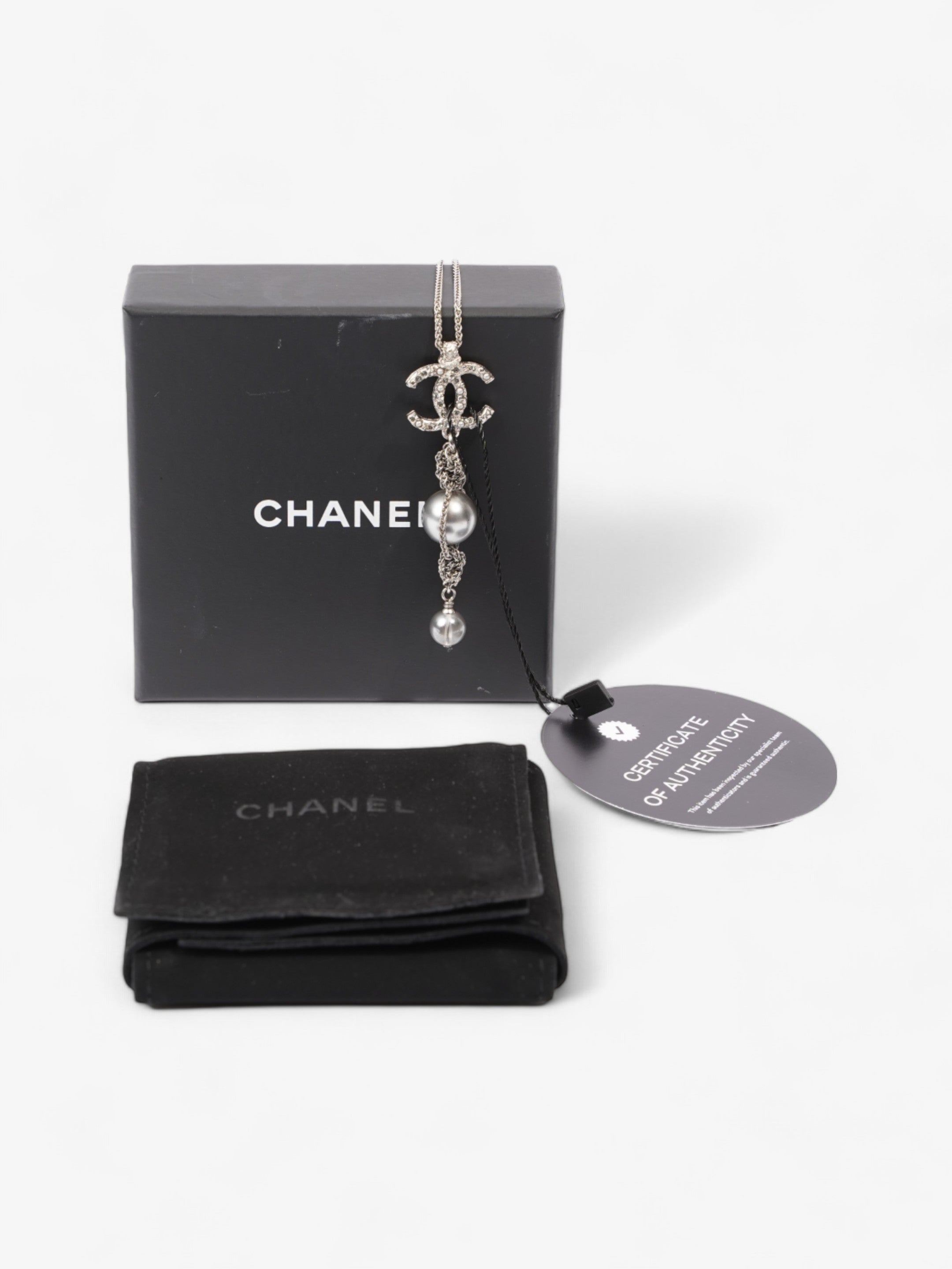 Chanel CC Pearl Drop Necklace Silver Silver Sterling
