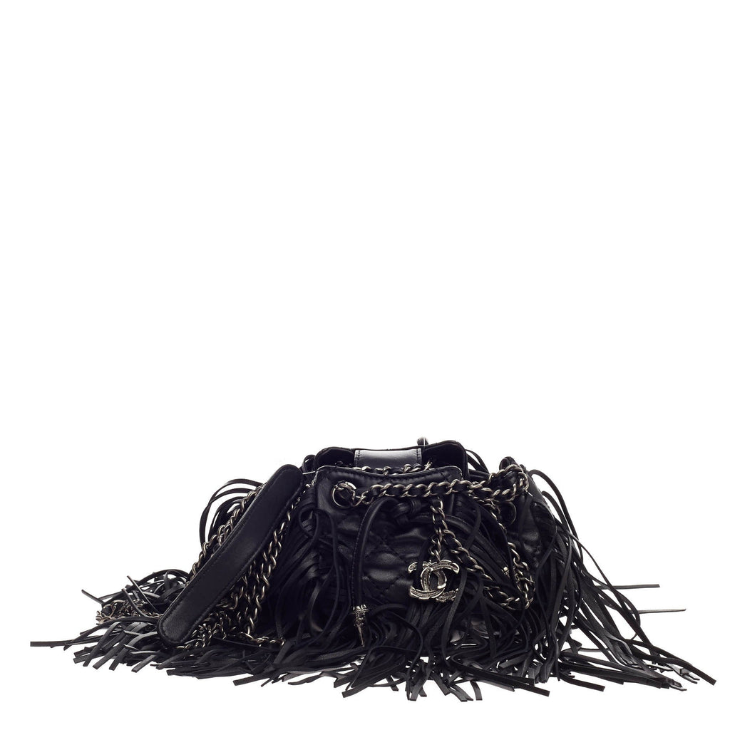 Paris-Dallas Drawstring Fringe Shoulder Bag Quilted Leather Mini