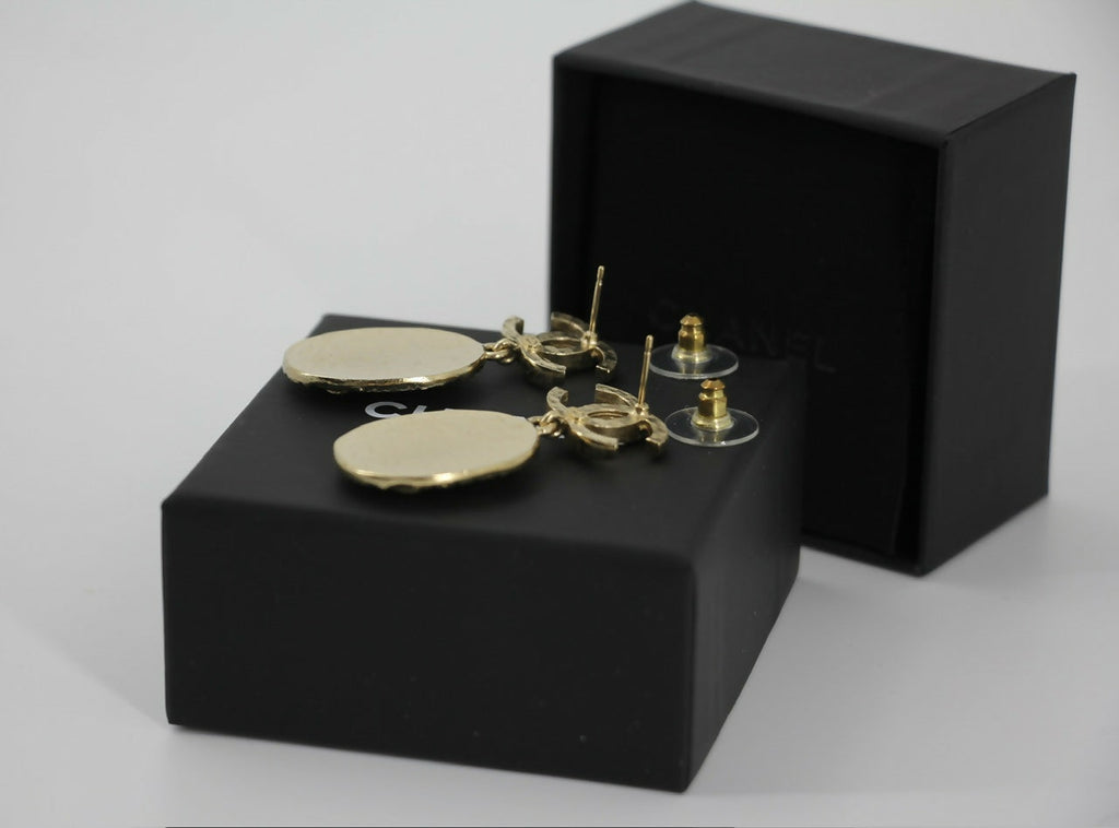 Chanel F21A Rhinestone CC Crown Dangle Stud Earrings