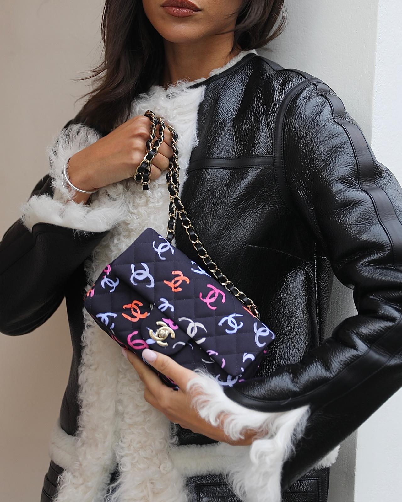 Chanel 24/S Navy Multicolour Jersey Mini Rectangular CC Flap Bag with Champagne Gold Hardware