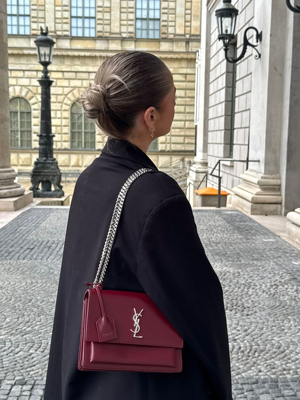 Saint Laurent Sunset Bag Burgundy Box Leder with Silver Hardware Medium