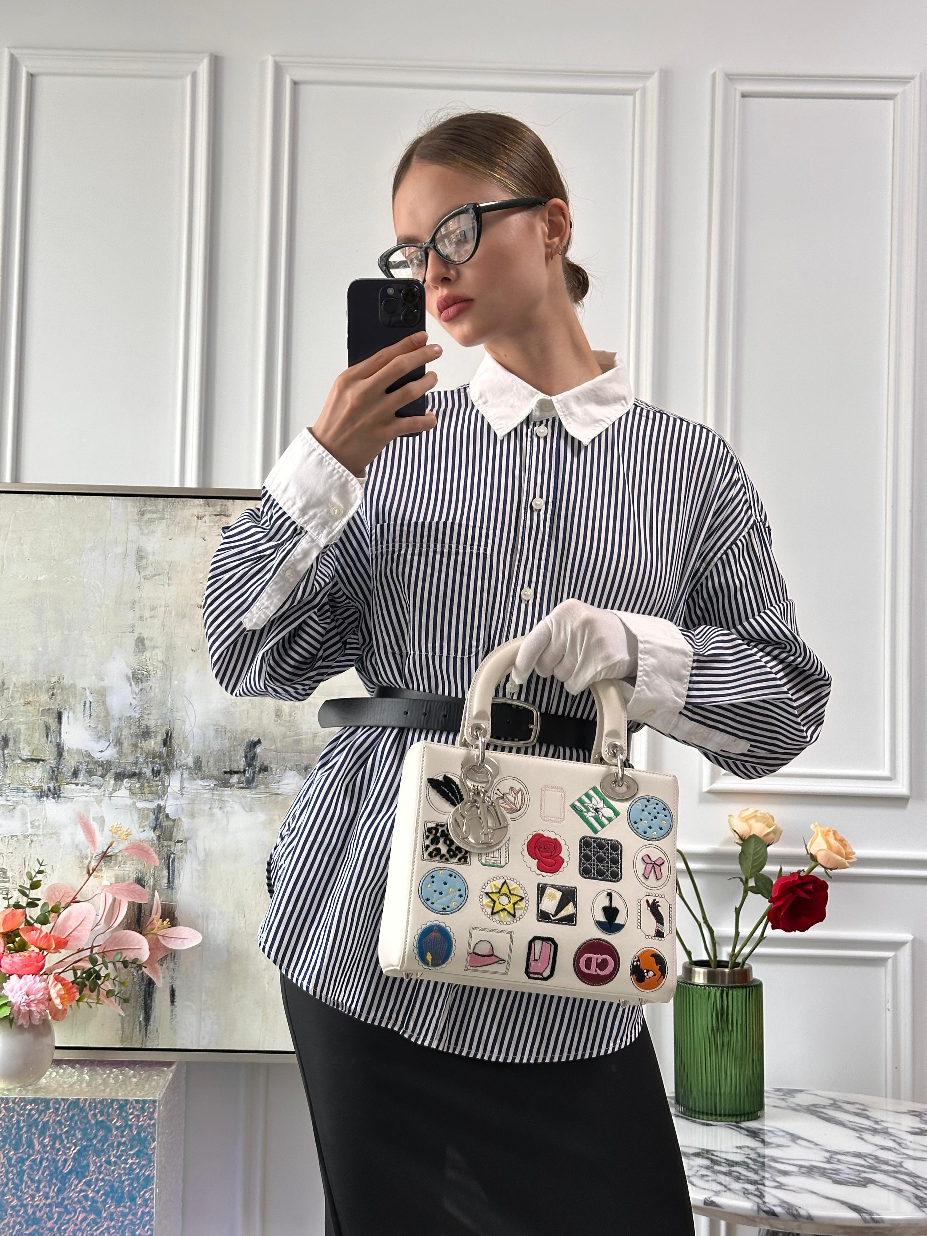 Christian Dior White Leather Lady Dior Bag Patch Embellished Medium
