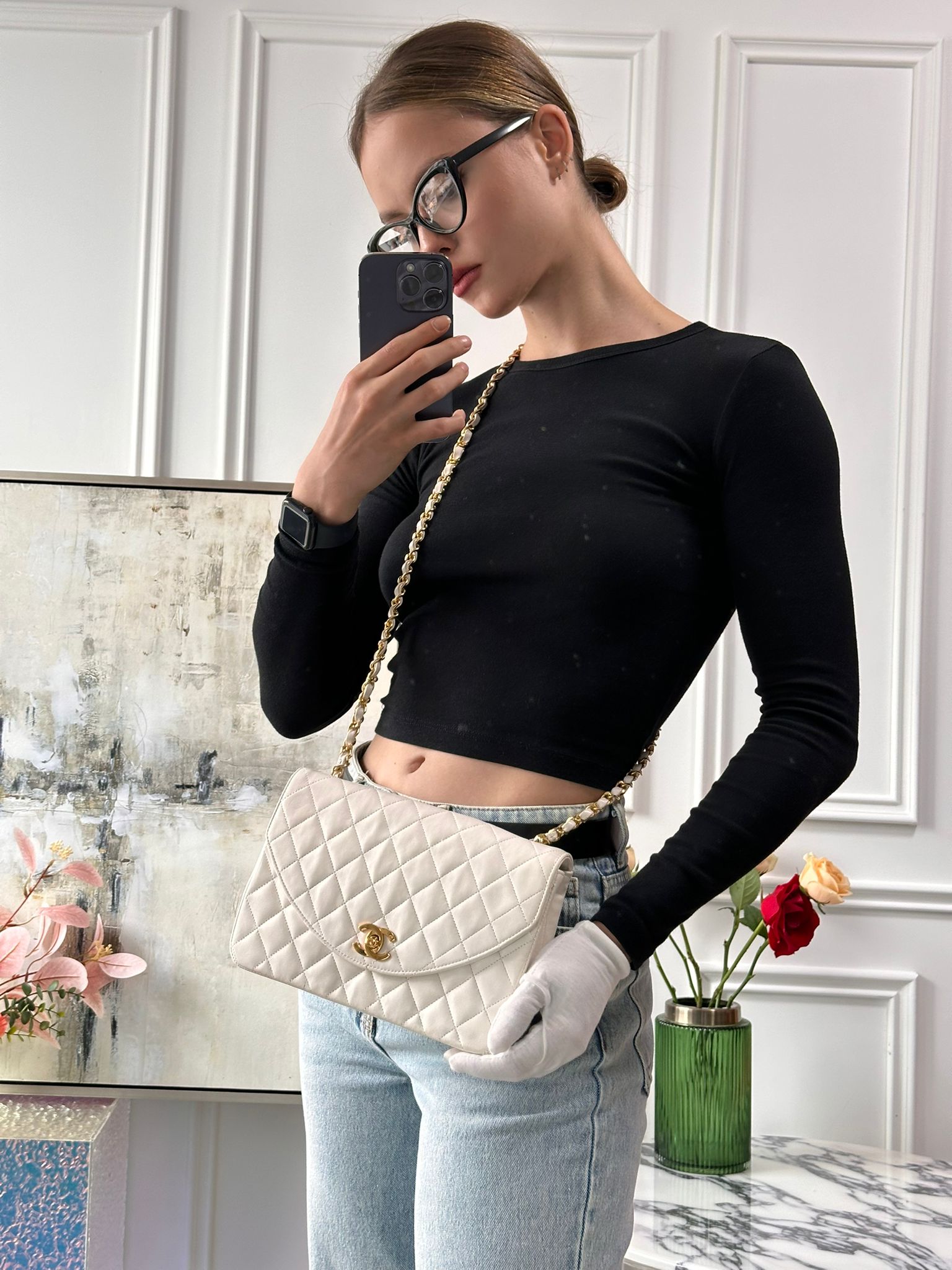 Chanel Vintage Diana Flap Bag White Leather 24K Gold