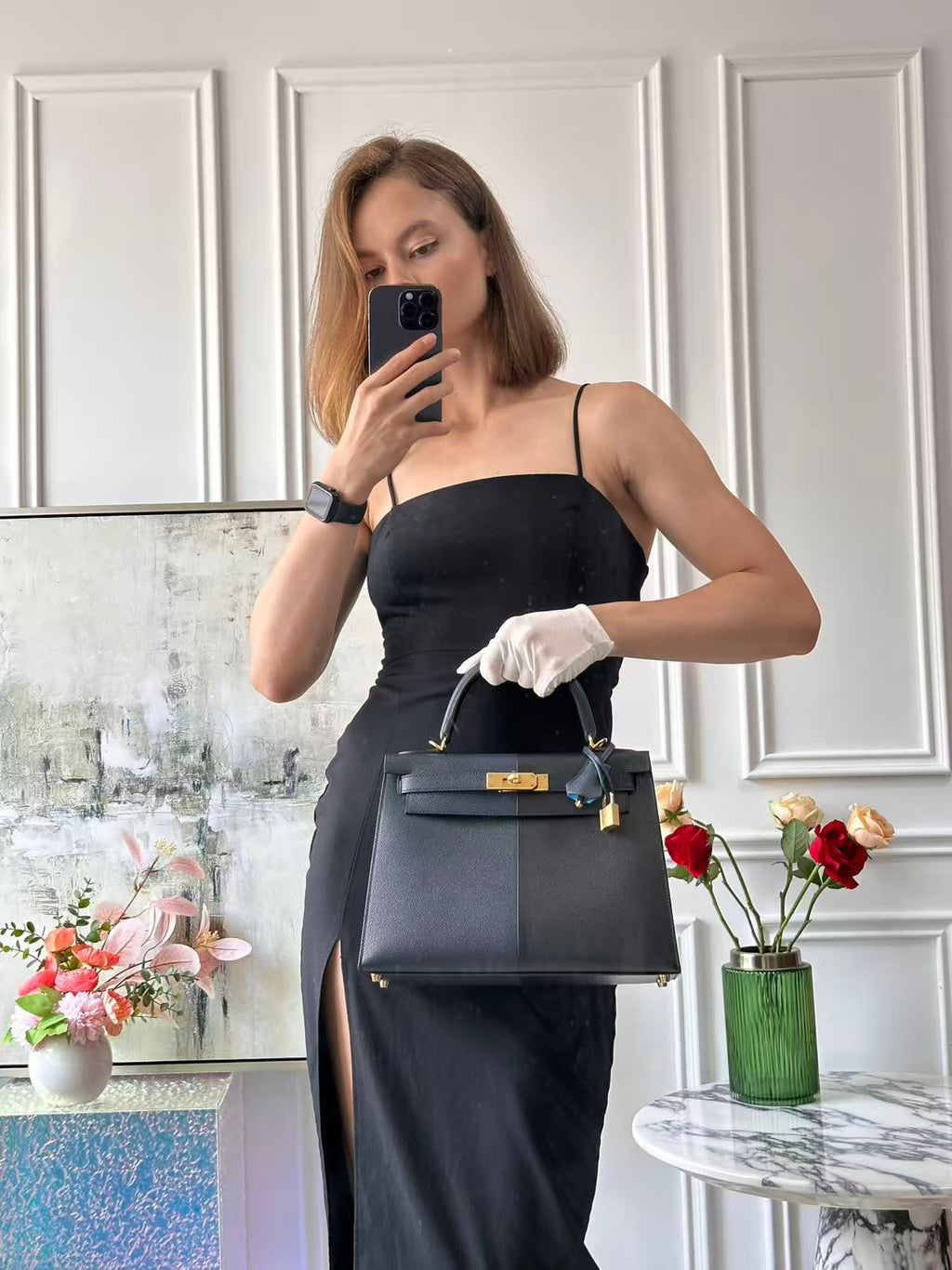 Hermes Kelly 28 Sellier Casaque Tricolour Black Blue Indigo Frida Epsom Gold Hardware