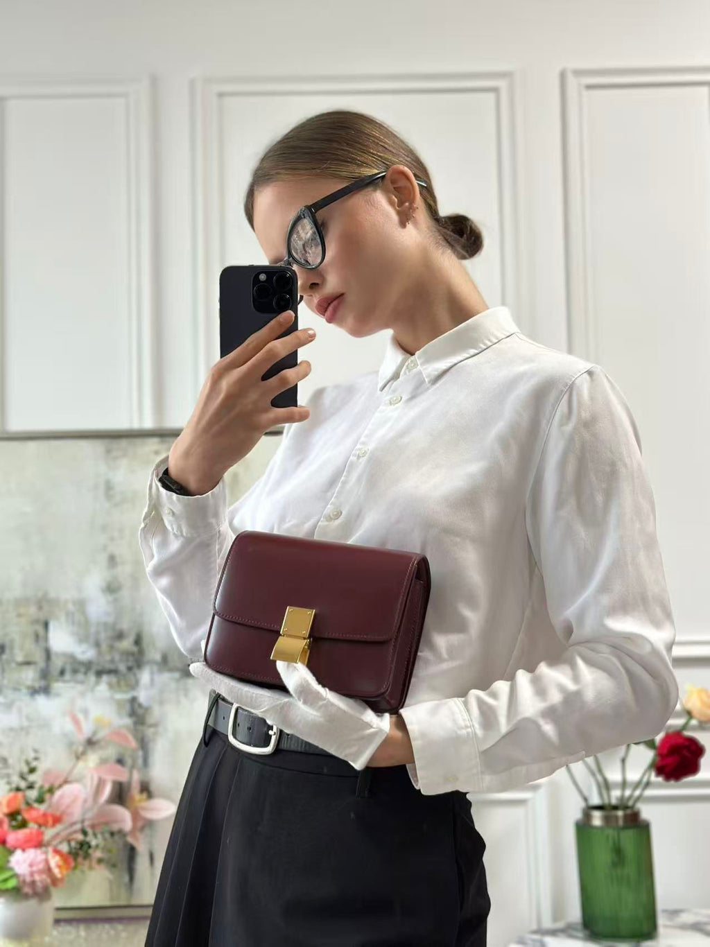 Celine Burgundy Classic Box Small Leather Shoulder Bag